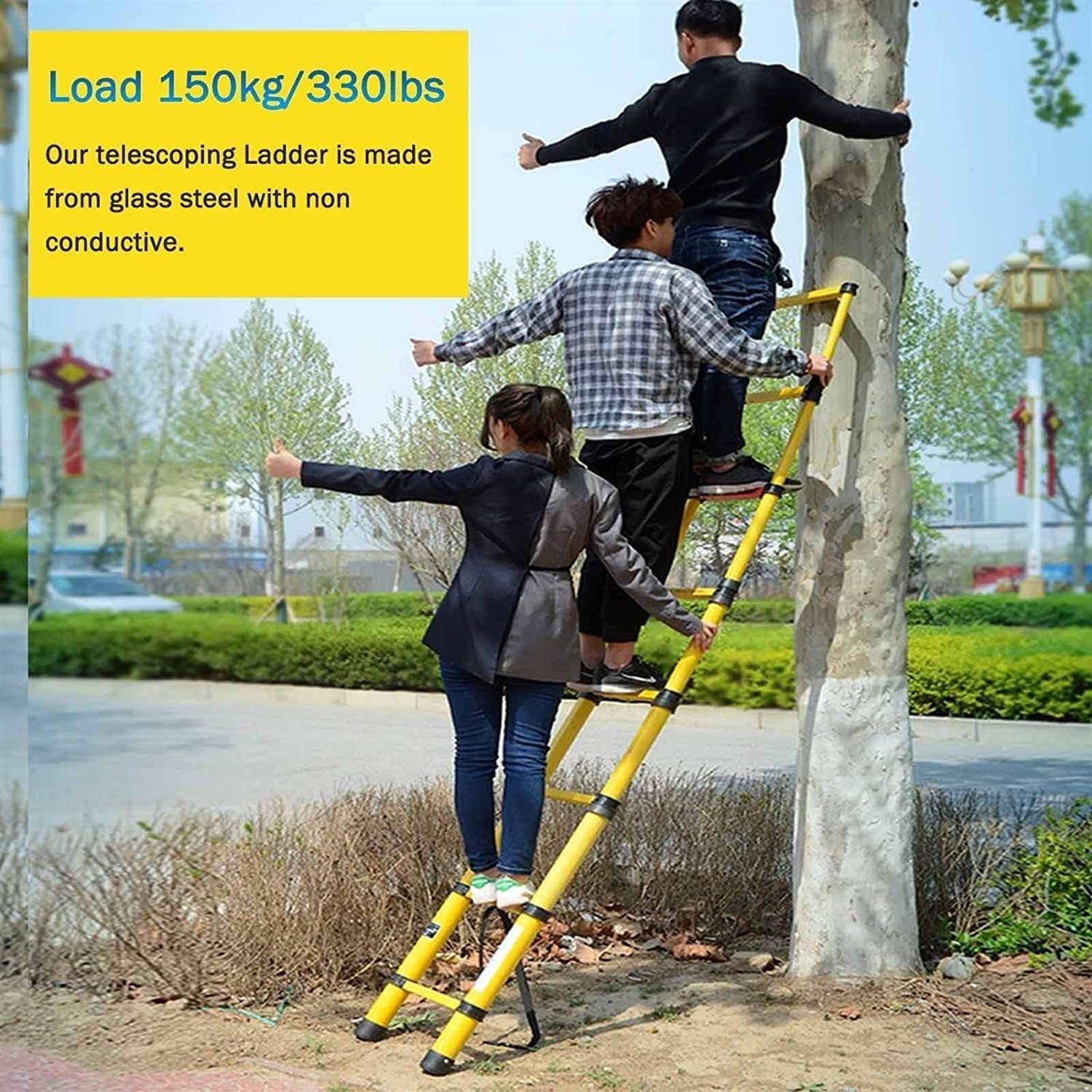 OKUOKA Non Conductive Telescopic Extension Ladders with Removable Hooks - 2.6m/ 3.2m/ 4m/ 5m Tall Telescoping Ladder for Outdoor Electrical Work (Size : 3m/9.8ft)