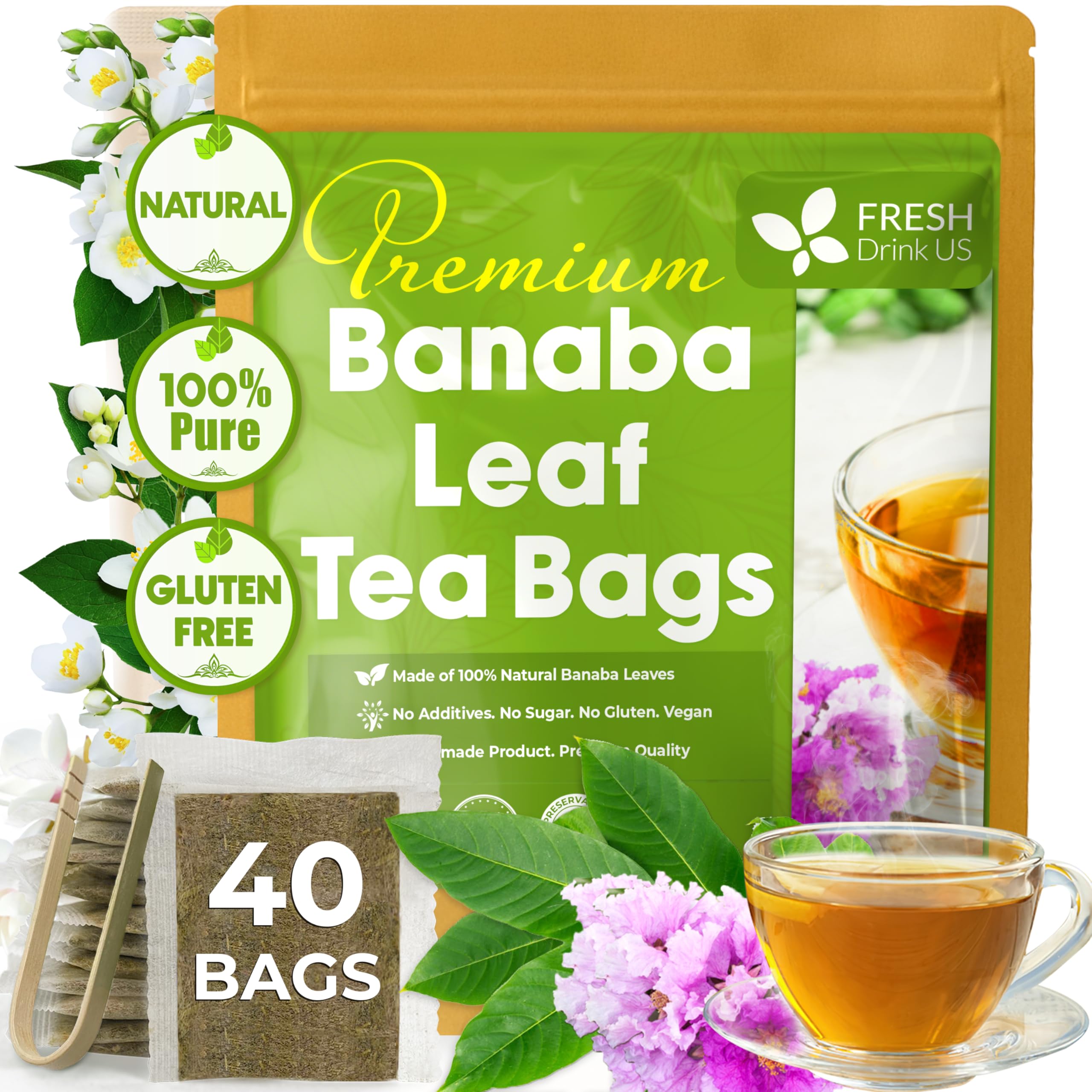 FreshDrinkUS, Premium 40 Banaba Tea Bags, 100% Natural & Pure from Banaba Leaves. Loose Leaf Banaba Herbal Tea. No Sugar, No Caffeine, No Gluten, Vegan.