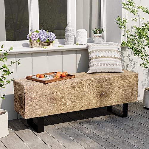 AQUILLA Modern Outdoor Bench, Faux Wooden Patio Bench, Concrete Backless