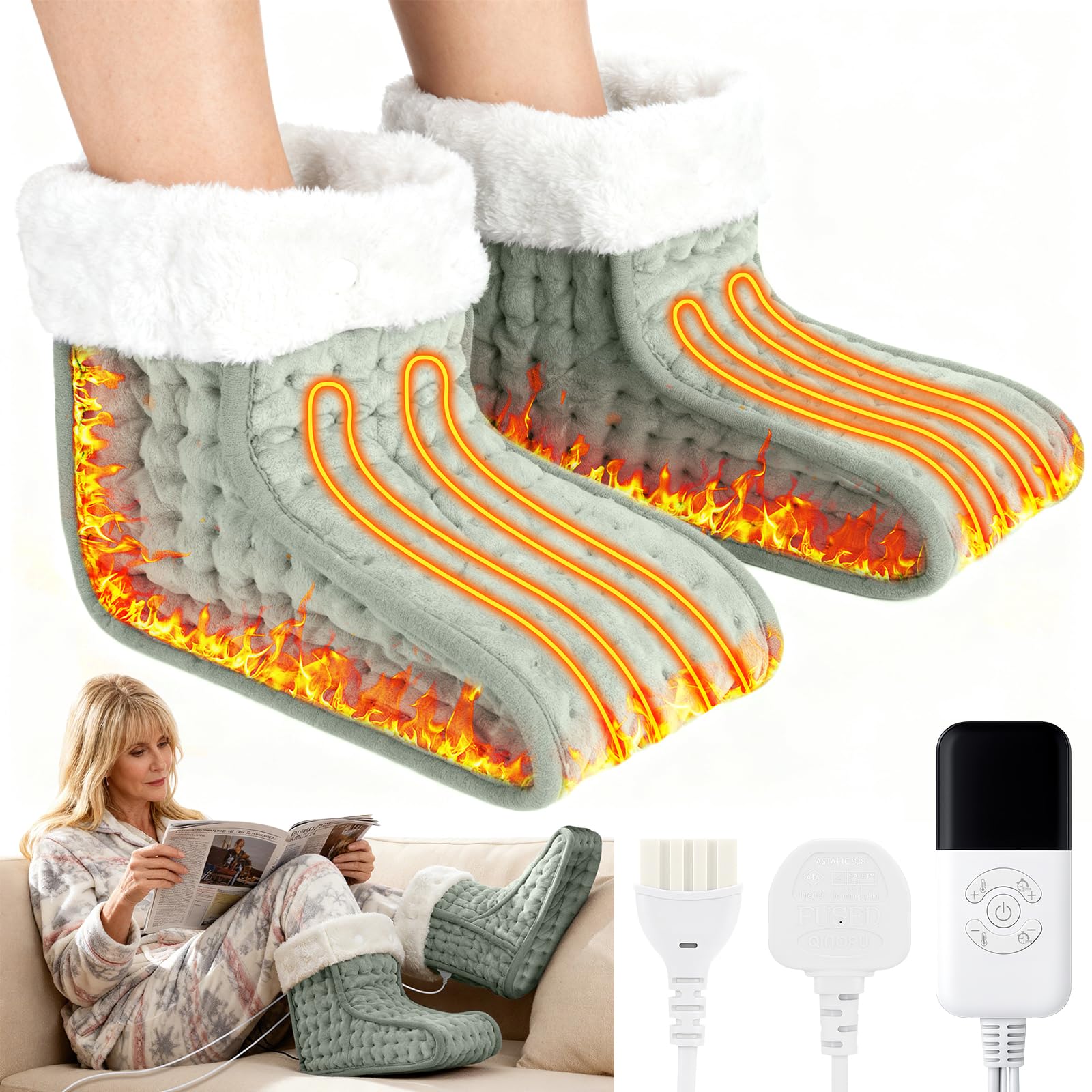 Chauffe-Pieds Électrique, Séparé Chausson Chauffant Electrique avec doublure intérieure lavable, 30℃-70℃ température réglables, 90 minutes Minuteries intelligente, Lavable en Machine