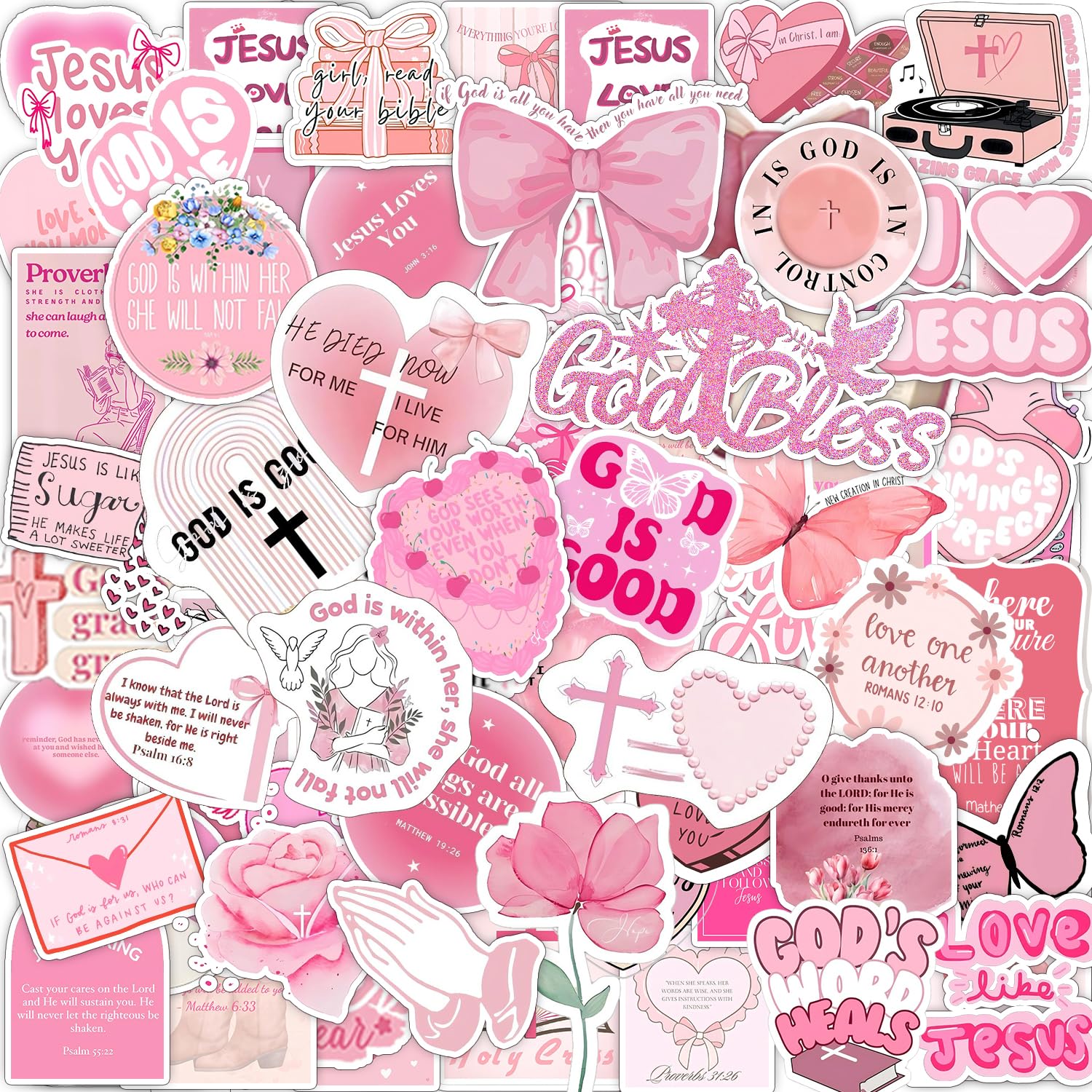 110PCS Pink Bible Verse Stickers Inspirational, Pink Christian Religious Faith Scripture Stickers for Girl Women Inspirational Jesus Quote Praise God Religious Favors Supplies
