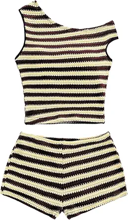 SOLY HUX Women's 2-Piece Striped Off-Shoulder Crop Top and Mini Shorts Set