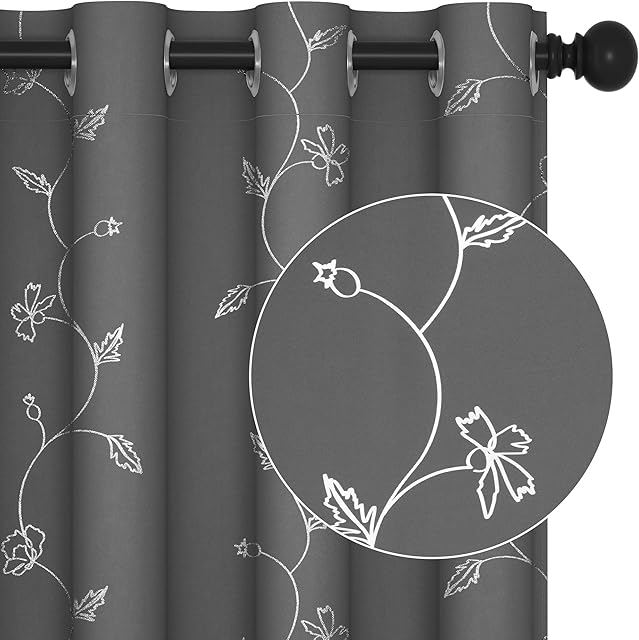 Deconovo Elegant Blackout Light Grey Curtains, Elegant Eyelet Curtains, Noise Insulating Silver Floral Leaf Printed Thermal Curtains for Bedroom, 46 x 54 Inch(Width x Length), 1 Pair