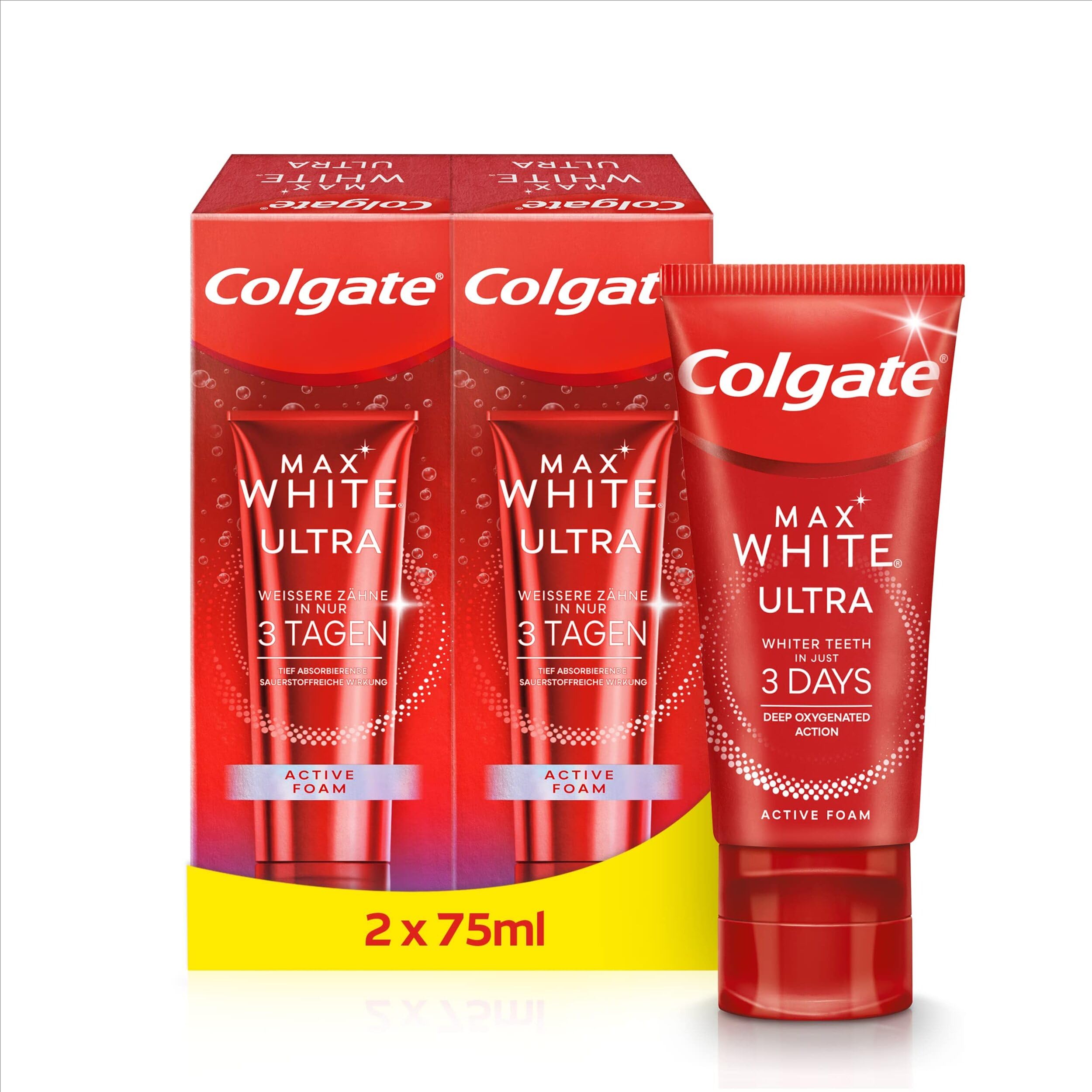 Colgate Max White Ultra Active Foam Toothpaste, At Home Whitening Toothpaste Clinically Proven Whiter Teeth in 3 Days*, Toothpaste Multipack, 2 Pack, 75ml Tubes