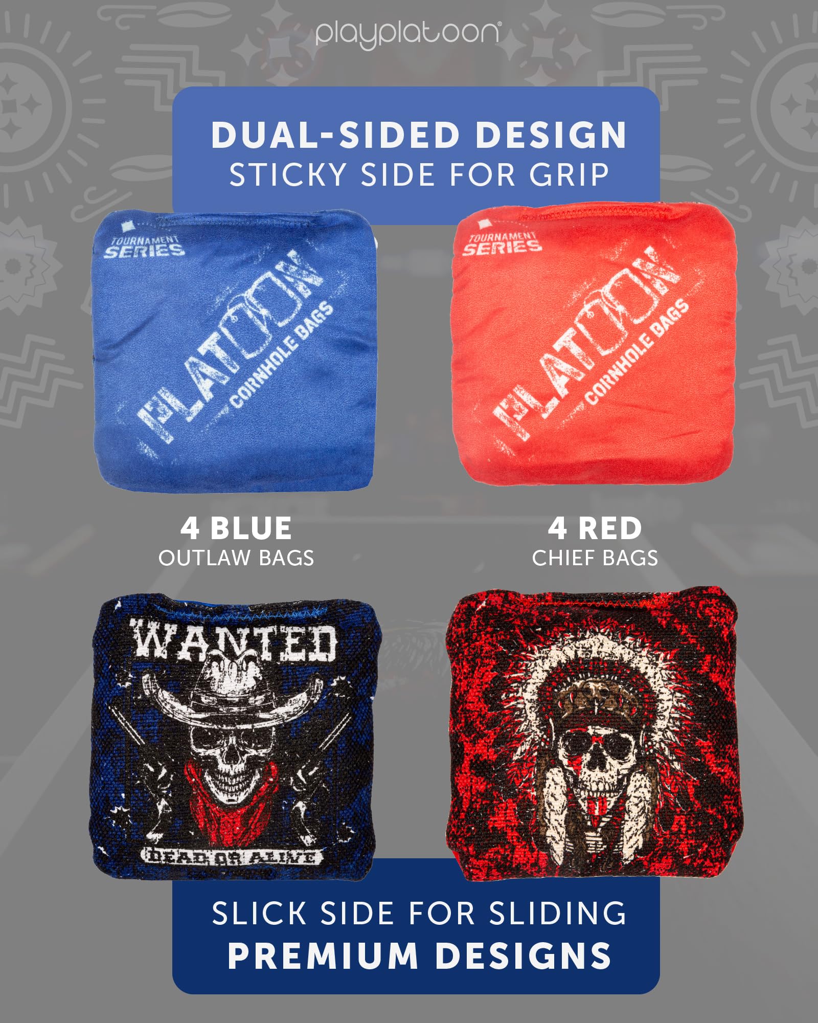 Play Platoon Tournament Series Cornhole Bags - Pro Style Dual Sided Slick and Sticky Side Bags - Set of 8 - Designed in USA