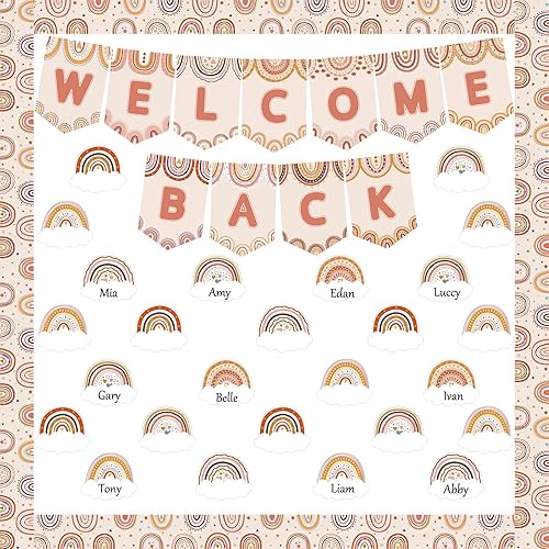 Miniatura 1 de Juego de decoración de tablón de anuncios de bienvenida con diseño de arcoíris bohemio, recortes de tablón de anuncios para fiestas, escuela, aula,