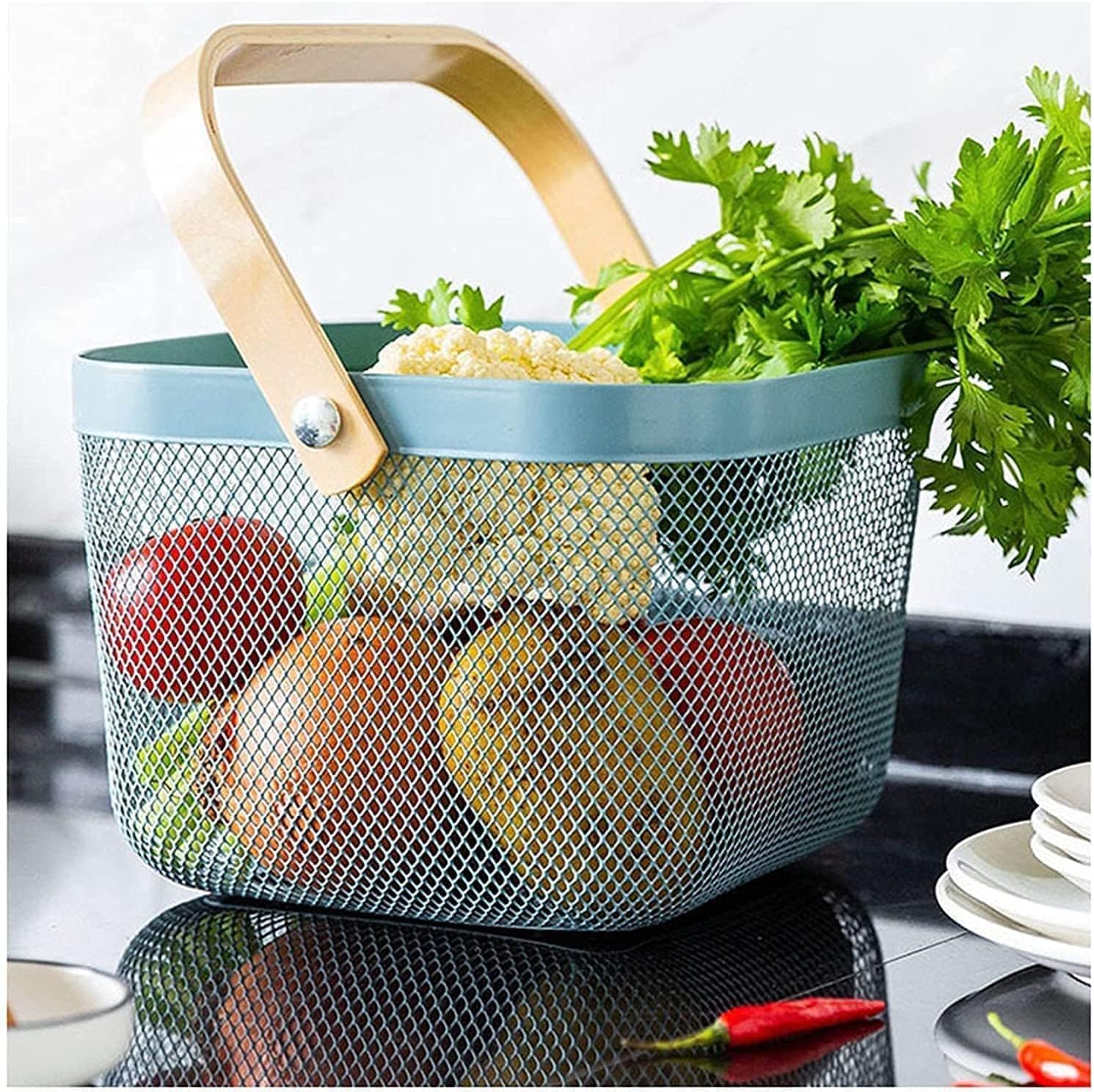 K.J. Draheet Metal Wire Basket with Handle, Storage Basket for Fruits and Books, Mesh Open Storage Bin, and Storage Organizer Table Decoration Basket (Multicolor Pack of 1)