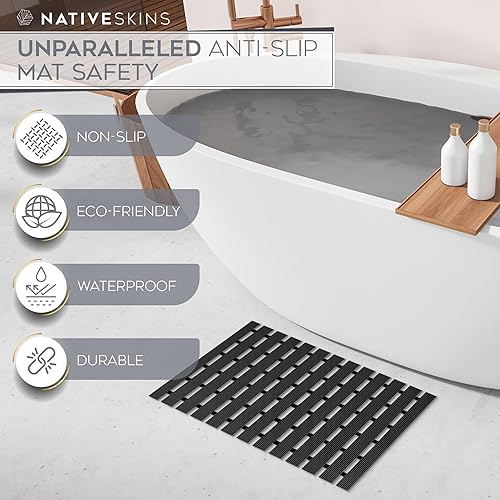 Miniatura 7 de NativeSkins Tapete de baño de bambú sintético, negro, forro de seguridad antideslizante, tapete de ducha de bambú, impermeable, de secado rápido,
