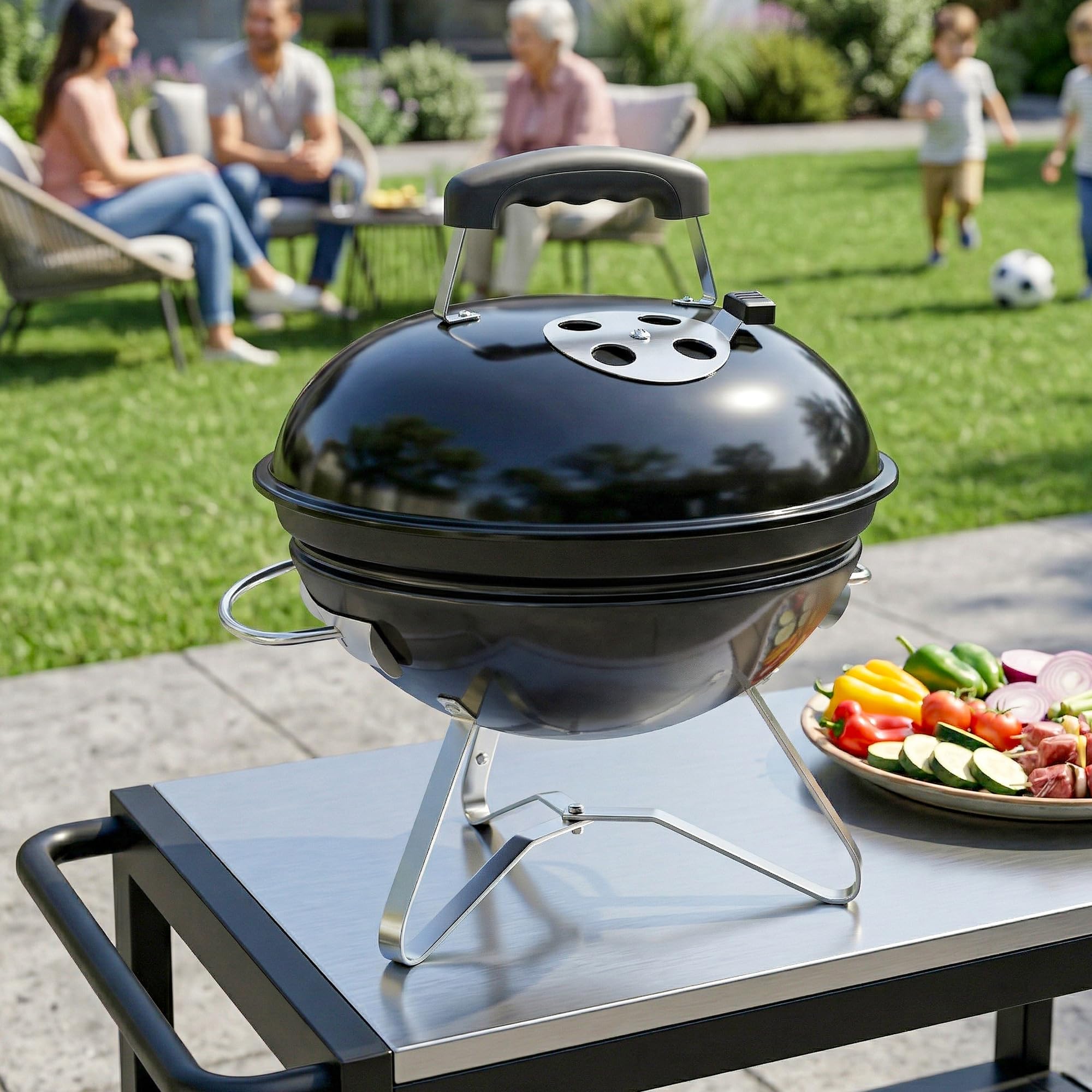 Outsunny Grill na węgiel drzewny, BBQ Smoker z uchwytem pokrywy, przenośny grill kulisty z regulowanymi otworami wentylacyjnymi, grill węglowy na kemping, taras, do ogrodu, 41 x 41 x 44 cm, czarny