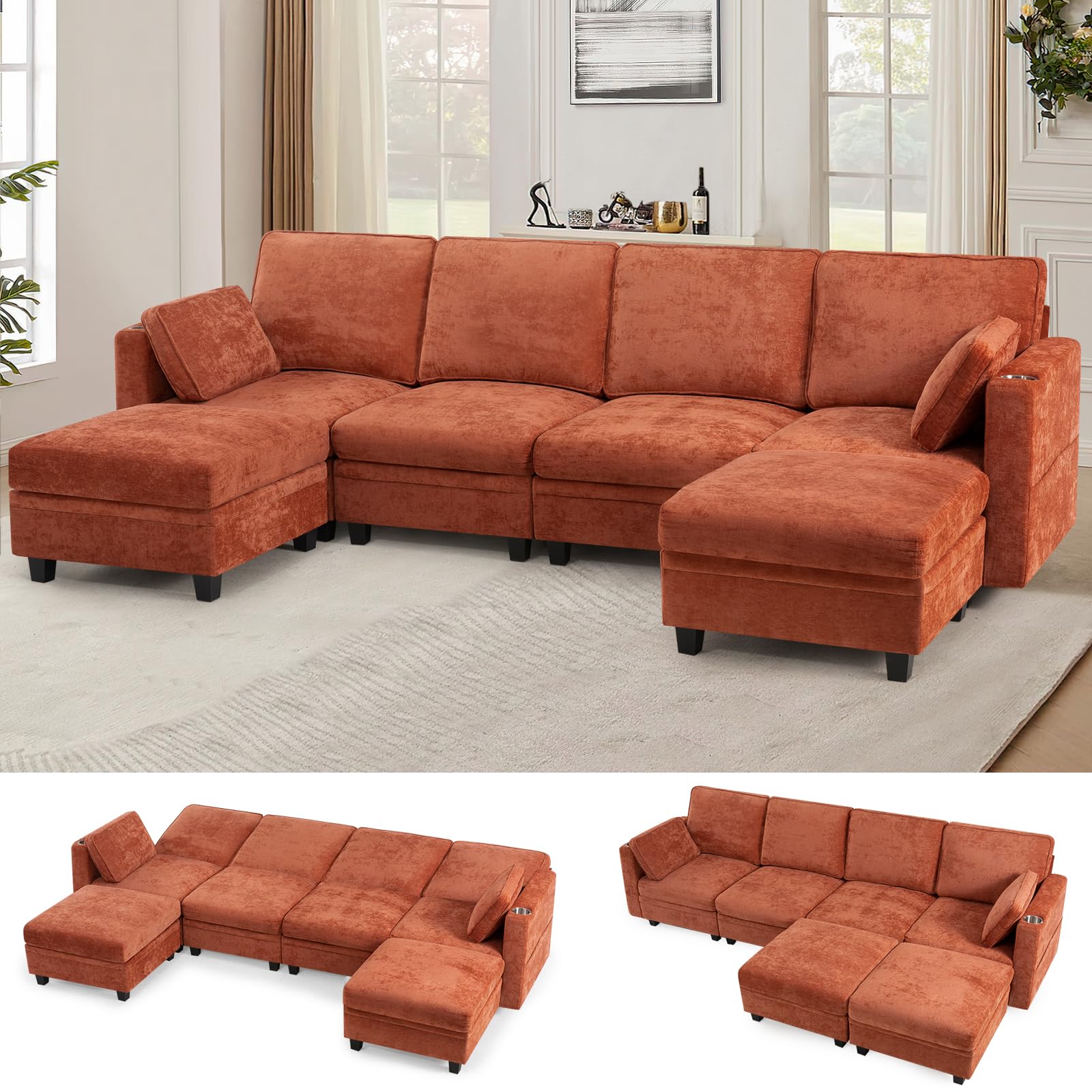 ACMEASE 110" Chenille 4-Seat Sofa w/Adjustable Backrests, Sectional Sofa w/Two Movable Storage Ottomans & Cup Holders, Upholstery Fabric Couch w/USB &