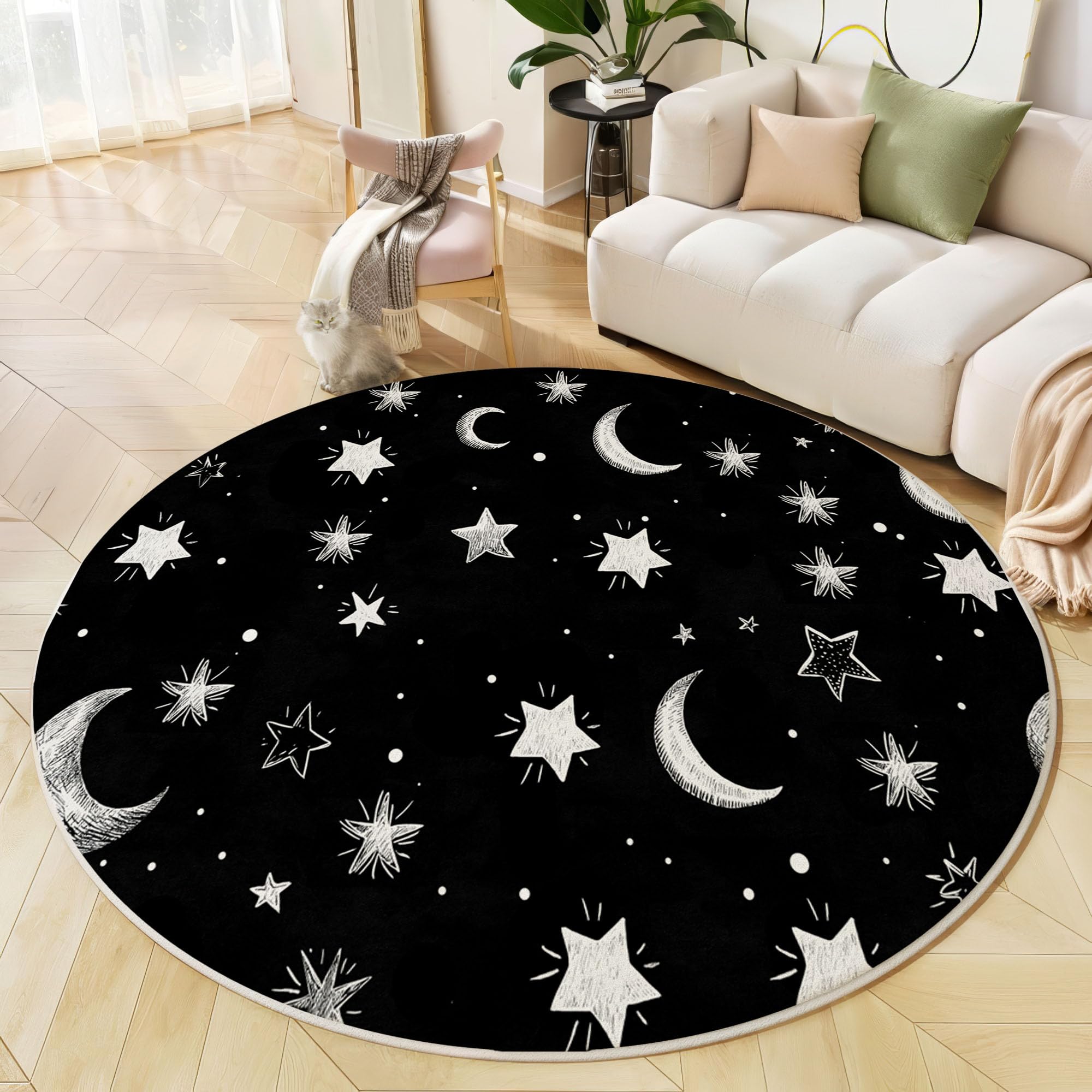 Graffitis pour Enfants Tapis Rond 200cm Lavable en Machine Antidérapant Étoiles Et Lune Ronde Carpet Descente de Lit Doux Poil Ras Carpette pour Salon Salle a Manger Bureau, Noir Et Blanc