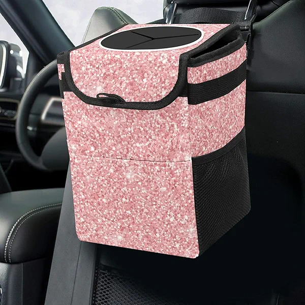 FCZ Car Trash Can Pink Glitter Pattern Wate-rproof Auto Garbage Bag with Lid Leak-Proof Storage can Hanging for Headrest Collapsible and Portable Mesh Pocket, (act001)