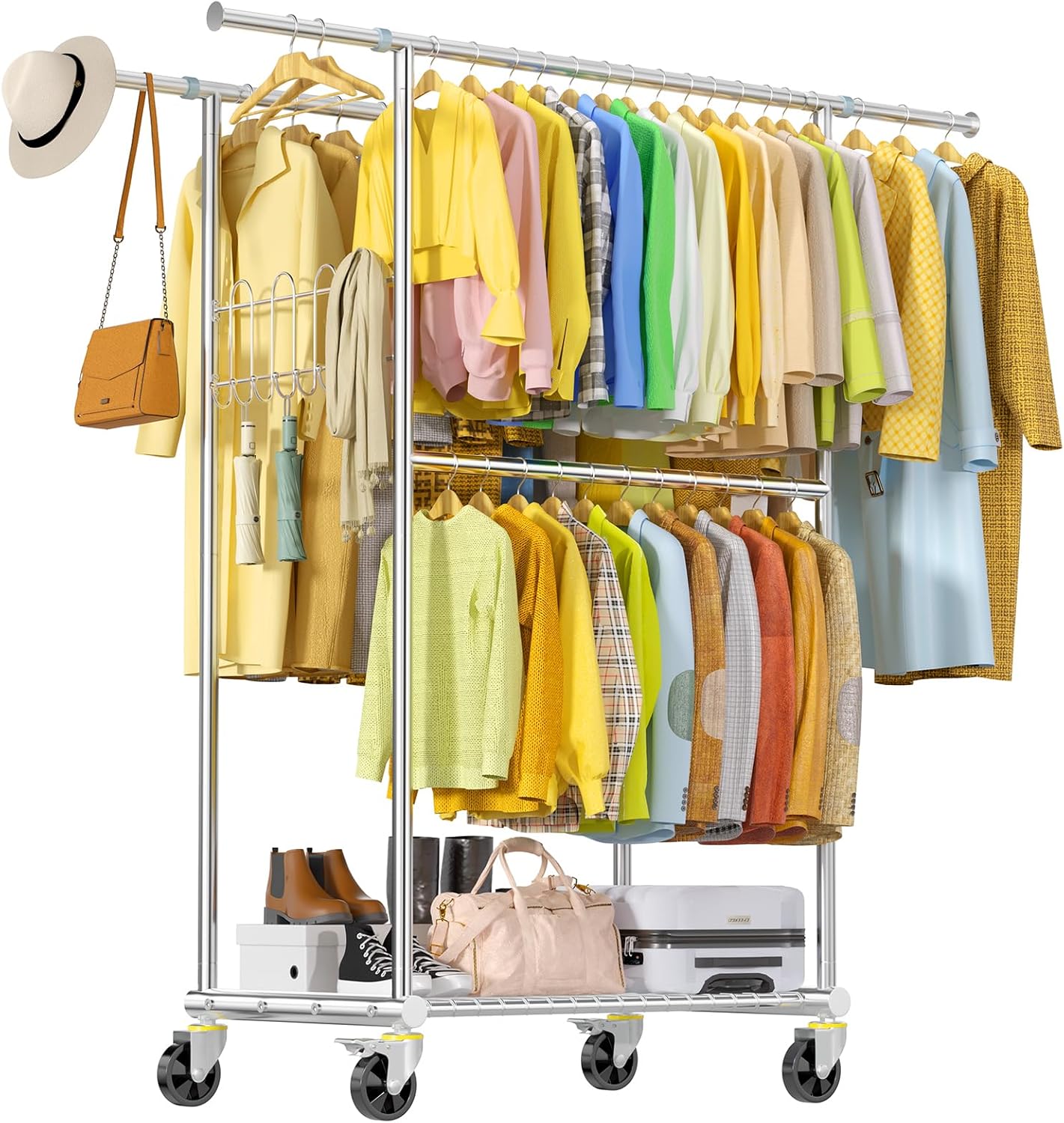 Stainless Steel Heavy Duty Clothes Rack Load 960LBS, Freestanding Garment Racks with Three Rods for Hanging, Rolling Clothing Rack with 360° Wheels for Bedroom Laundry Commercial