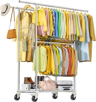 Stainless Steel Heavy Duty Clothes Rack Load 960LBS, Freestanding Garment Racks with Three Rods for Hanging, Rolling Clothing Rack with 360 Wheels for Bedroom Laundry Commercial