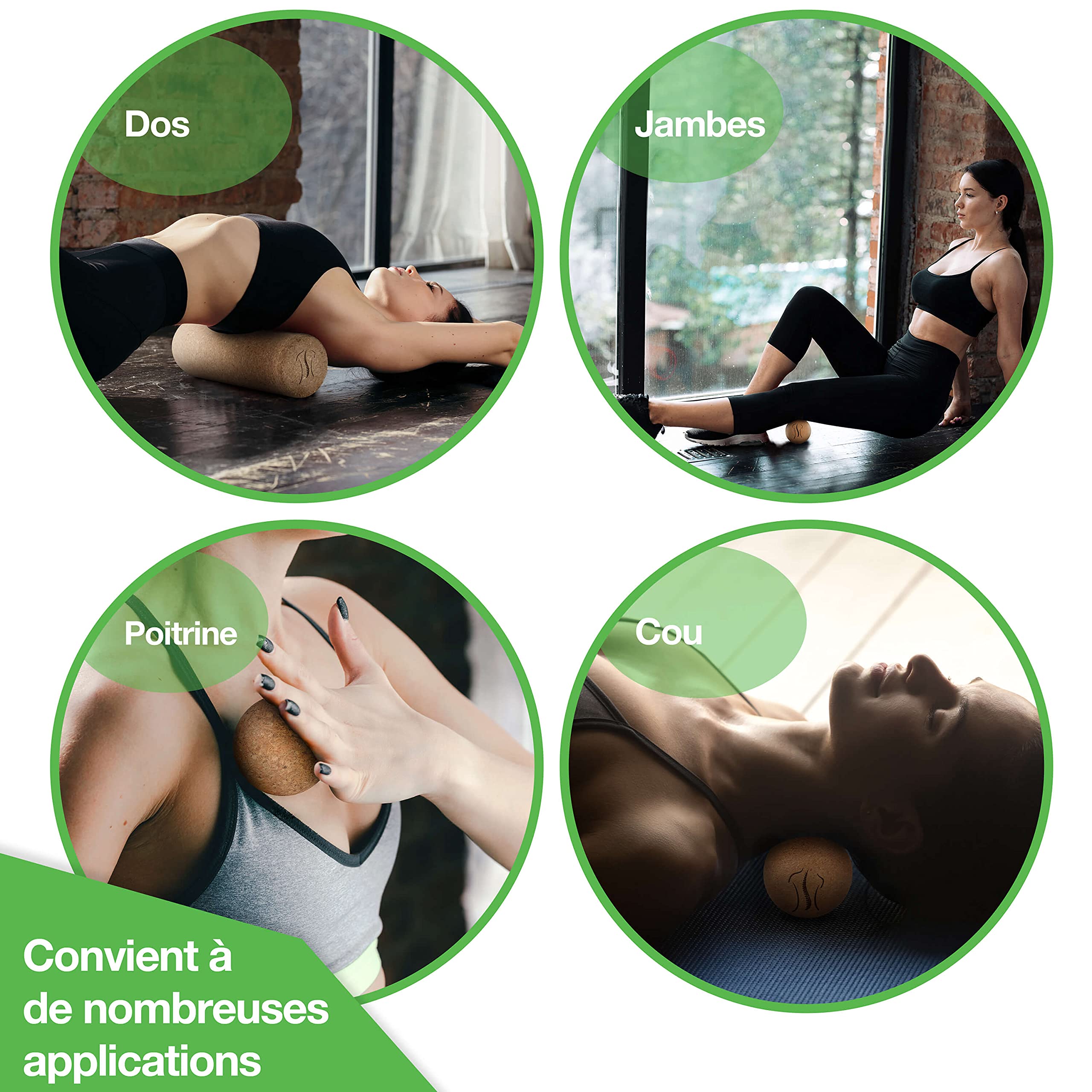 BACKLAXX® Rouleau en Liège avec Balle de Fascia & Balle de Massage | Rouleau de Massage Dos & Colonne Vertébrale | Kit Fascia Cuisses & Pieds | DuoBall | Sans Substances Nocives | Antibactérien
