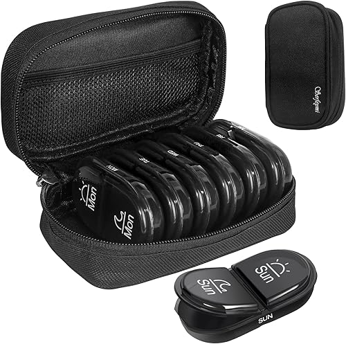 Serfeymi Pastillero semanal de viaje 2 veces al día, AM PM negro, pastillero 7 días con gran estuche portátil de lona con cremallera, organizador de
