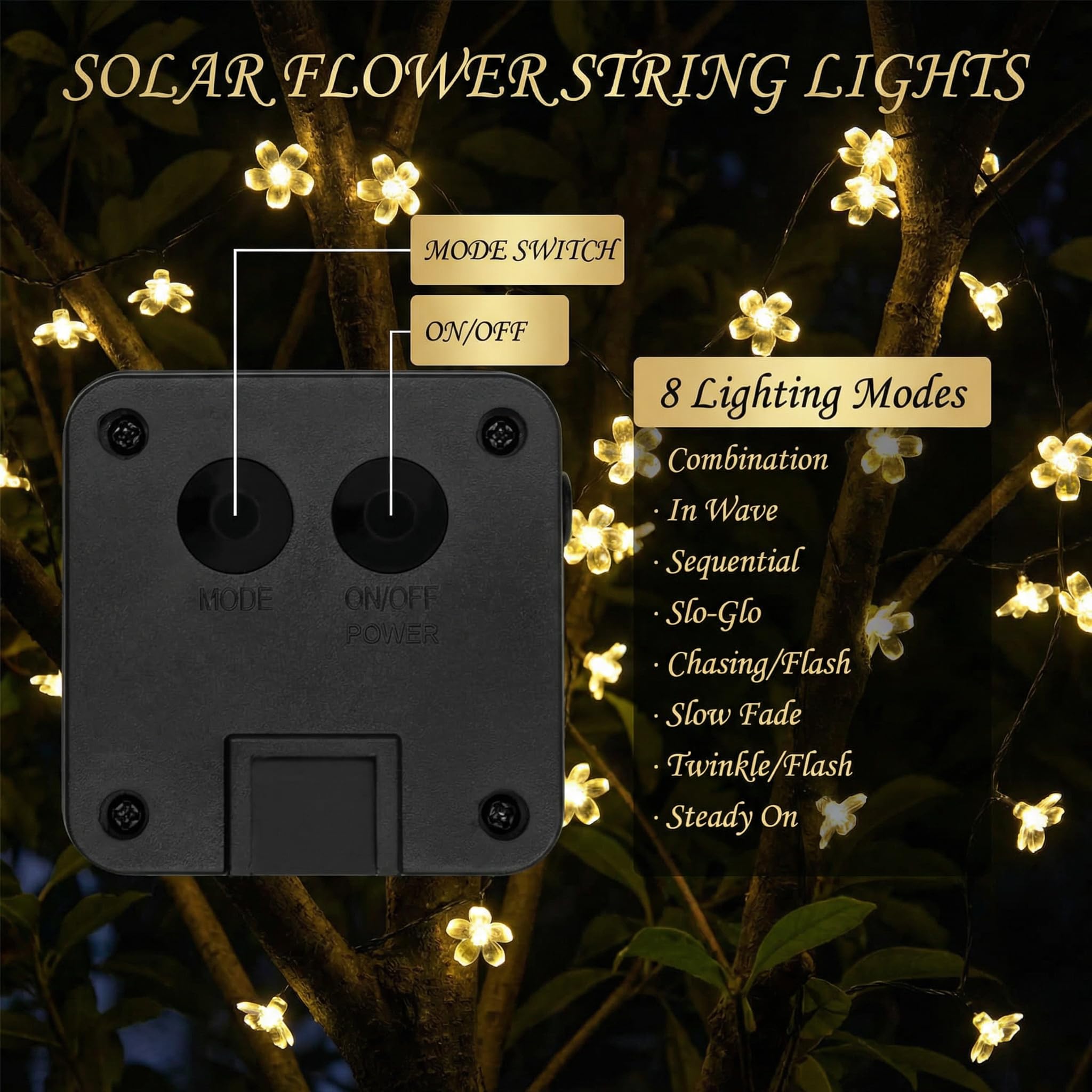 BG9D Guirnalda solar exterior, luces solares 11 m, flores exterior, 60 LED, impermeable, 8 modos con memoria, flores LED para jardín, terraza, balcón, fiesta, boda, decoración de patio — view 4