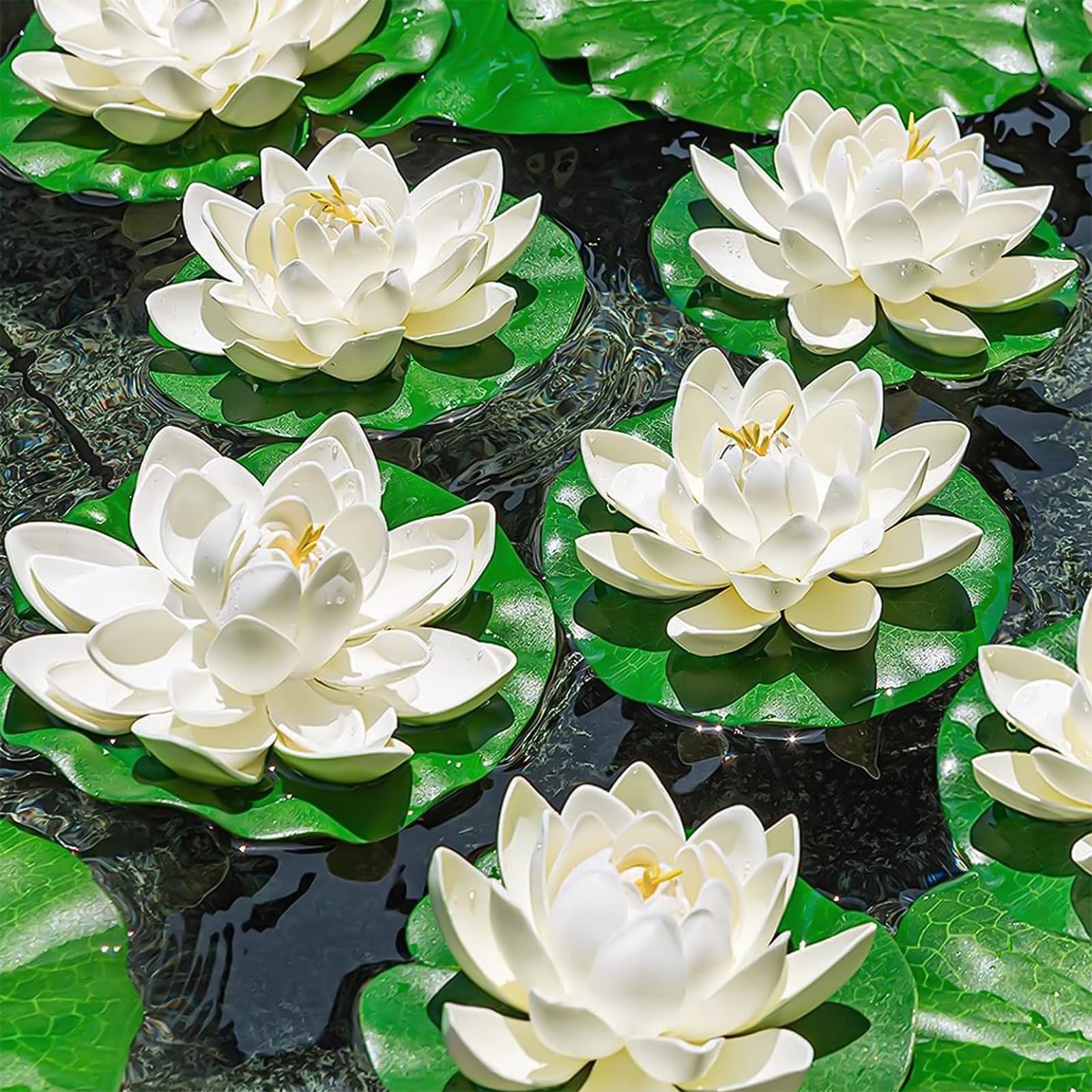 Fiori galleggianti, 10 pezzi, ninfea artificiale, fiori di loto, decorazione per laghetti (bianco)