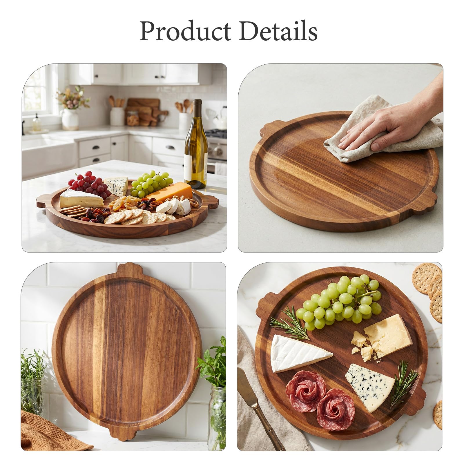 COLLBATH Bandeja Redonda Grande de Madera para Servir - Bandeja Circular de Madera con Asas - Plato Redondo para Servir Desayuno, Bebidas y Aperitivos en la Mesa del Comedor.