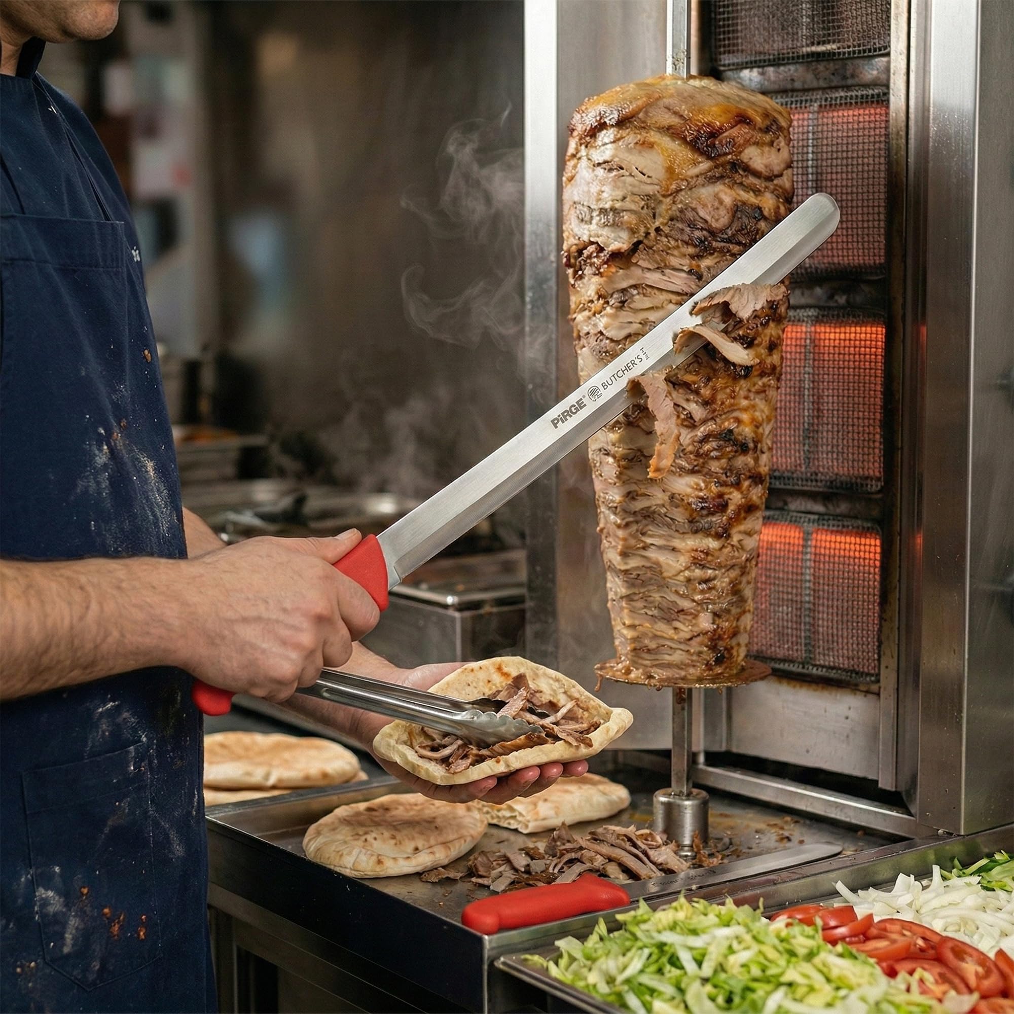 Pirge Cuchillo de carnicero kebab con afilado hueco, 50 cm, rojo - cuchillo de rebanar - cuchillo largo para kebabs más afilados - cuchillo de corte - cuchillo de carne