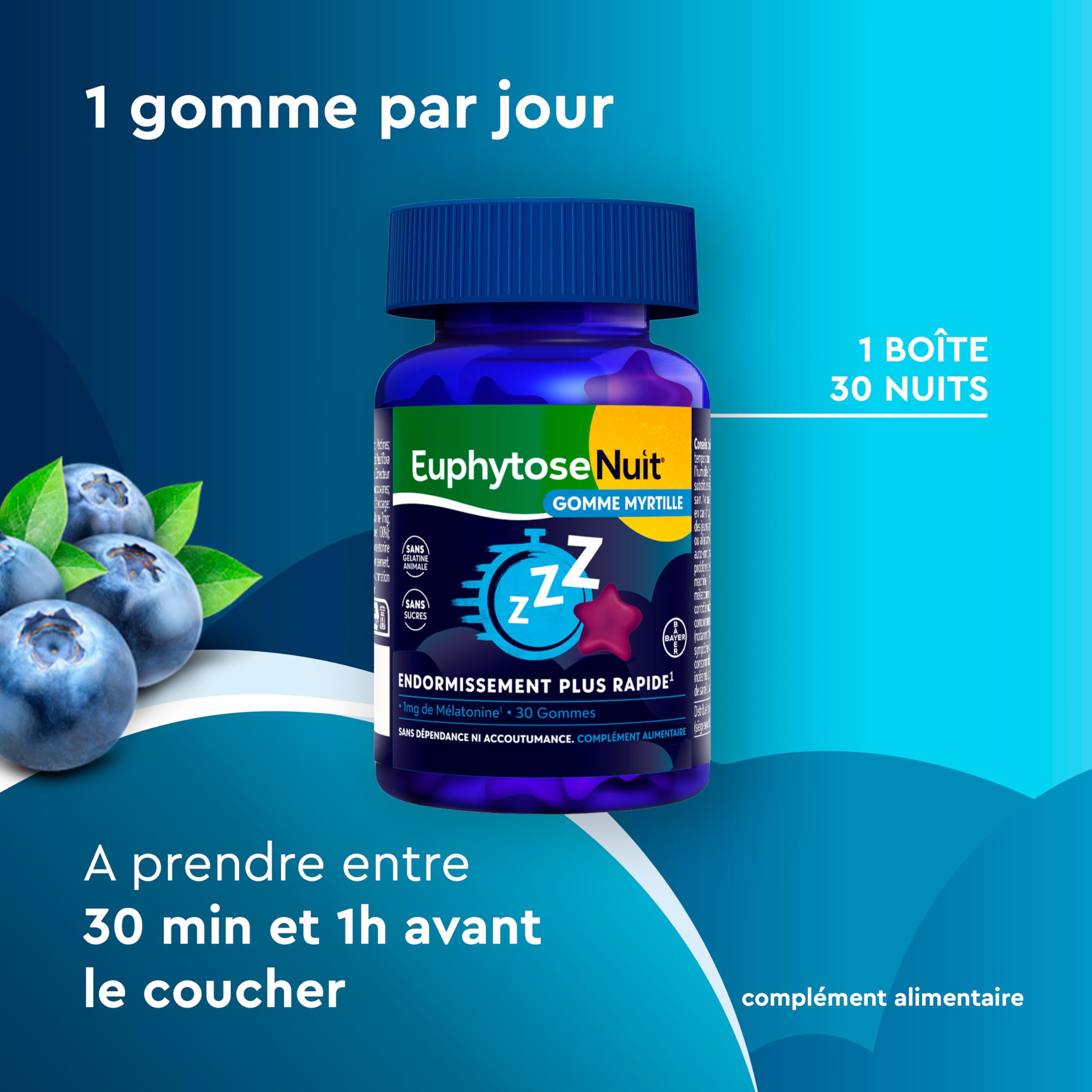 Gummies Sommeil Myrtille, 1 mg Melatonine, complément alimentaire, Vitamine B6, Endormissement plus rapide* - 2x30 Gommes - Sans Sucres - Goût Myrtille - EuphytoseNuit®