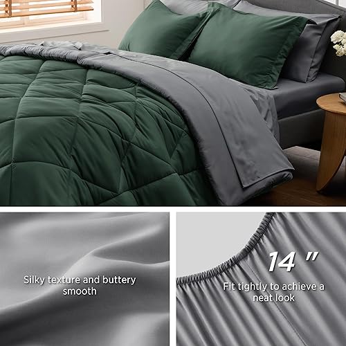 Miniatura 5 de Bedsure Forest Green King Size Comforter Set - 7 Pieces Reversible King Bed in a Bag, King Bed Set Forest Green and Grey with Comforters, Sheets,