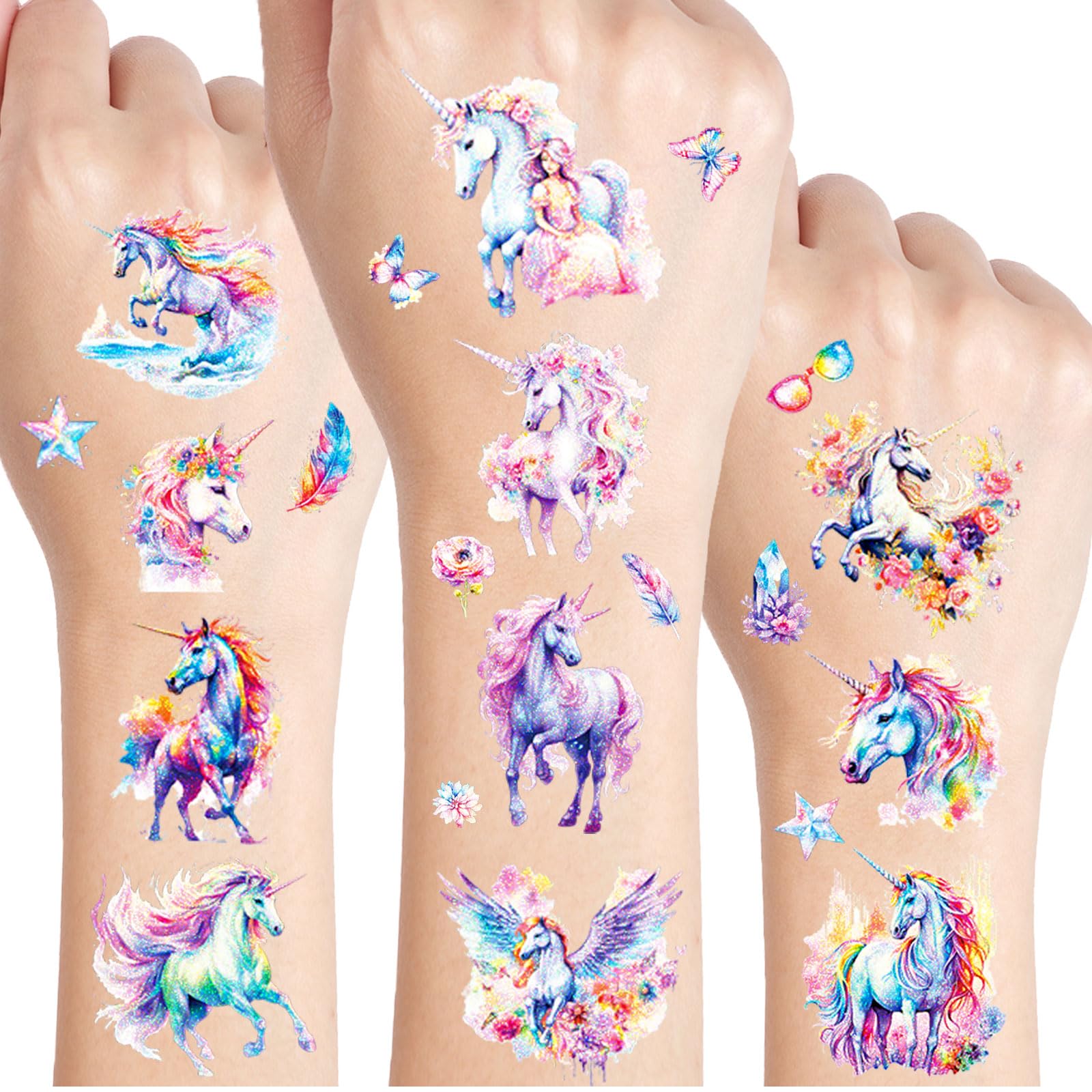 Einhorn Glitzer Tattoo Set Kinder, 12 Blätter Einhorn Fake Tattoos für Kinder, unicorn Geschenke für Mädchen, Geburtstag Party Geschenk Kleine, Hautfreundliche Temporäre