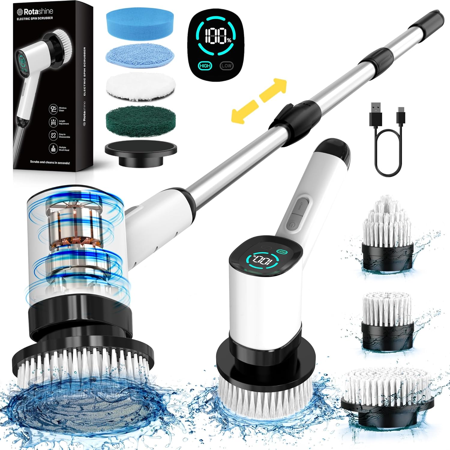 Electric Spin Scrubber – Electric Scrubber for Cleaning with 7 Replaceable Heads – Full-Body Waterproof Tub Scrubber with Long Handle – Electric Brush Cleaner for Bathroom Electric Spin Scrubber – Electric Scrubber for Cleaning with 7 Replaceable Heads – Full-Body Waterproof Tub Scrubber with Long Handle – Electric Brush Cleaner for Bathroom