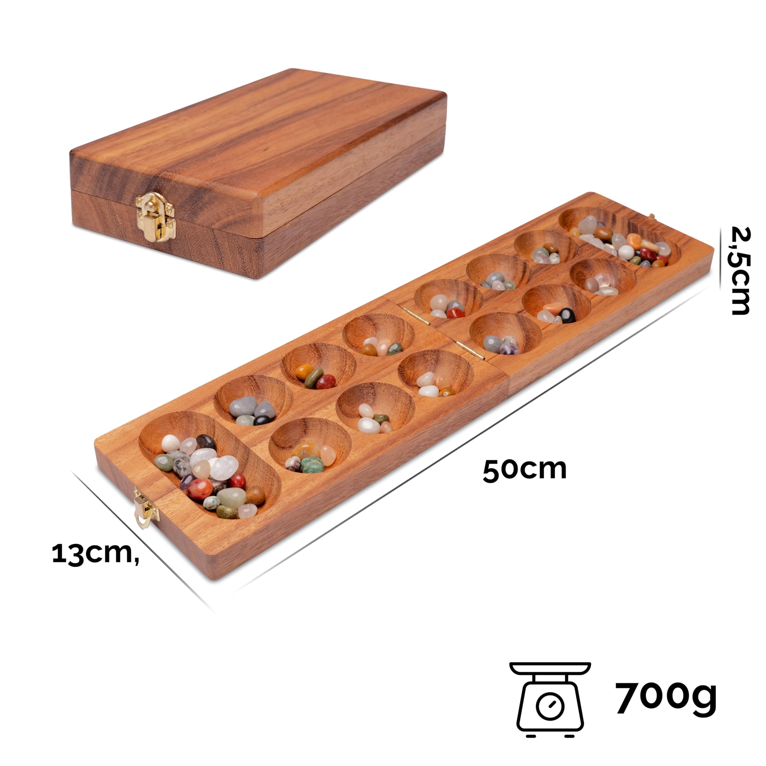 LOGOPLAY Kalaha gra z metalowym zamknięciem złota dla 2 graczy i dużym workiem materiałowym - pole do gry 14 x 49 cm - Hus - Bao - z kamieniami szlachetnymi