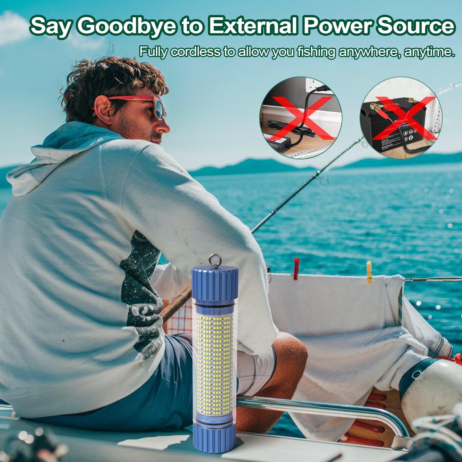 Luz De Pesca Subacuática Alimentada Por Batería, LED Recargable Con Luz Verde Para Atraer Peces, Capacidad De 9000 mAh, Luces De Pesca Sumergibles Impermeables IP68 Para Agua Dulce Y Salada