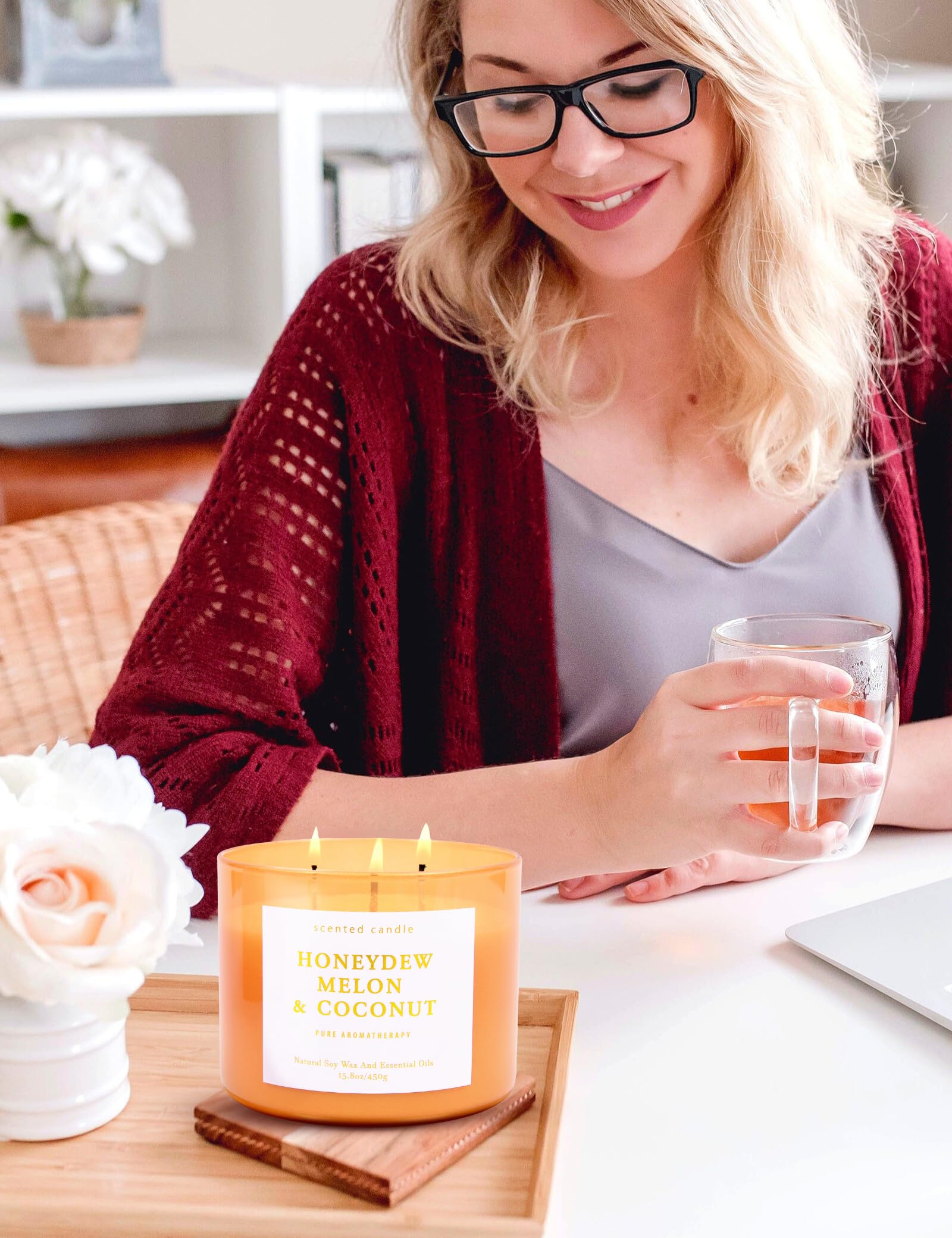 Honeydew - Vela de soja con aroma a melón y coco – Vela de soja grande con aroma de verano de 3 mechas – Velas relajantes de frutas tropicales para el hogar de 15.8 onzas, velas de aromaterapia para 7