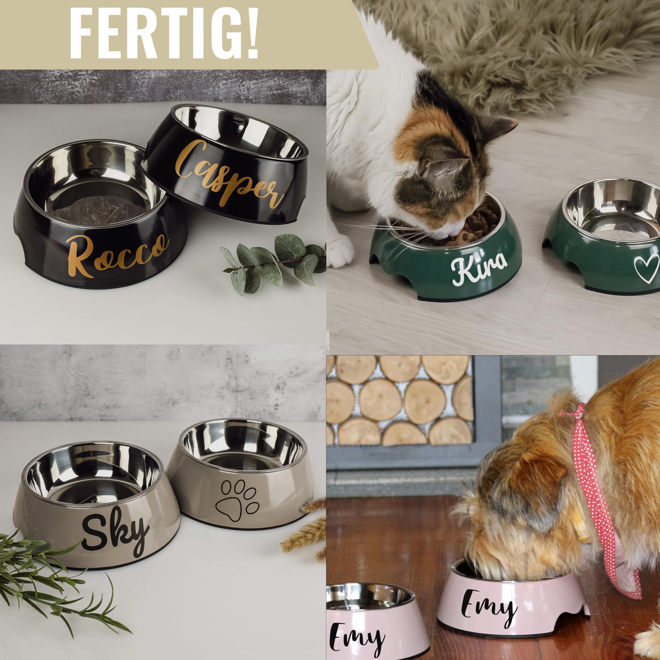 ne&no® Juego de 2 comederos para perros y gatos pequeños [talla S/170 ml] comedero para gatos con nombre antideslizante | comedero para gatos | Dog Bowl (S Taupe)