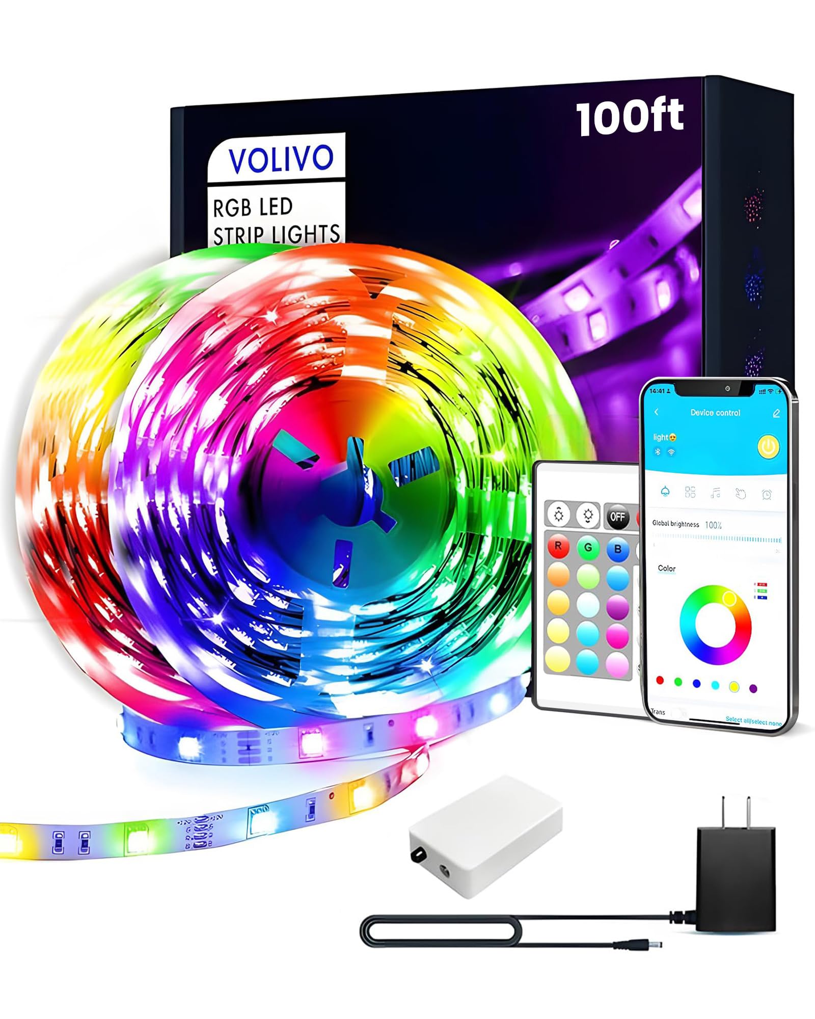 VOLIVO - Striscia di luci LED da 30,5 m per camera da letto, kit di strisce LED che cambiano colore con 24 tasti a distanza IR e controllo app intelligente, illuminazione di sincronizzazione