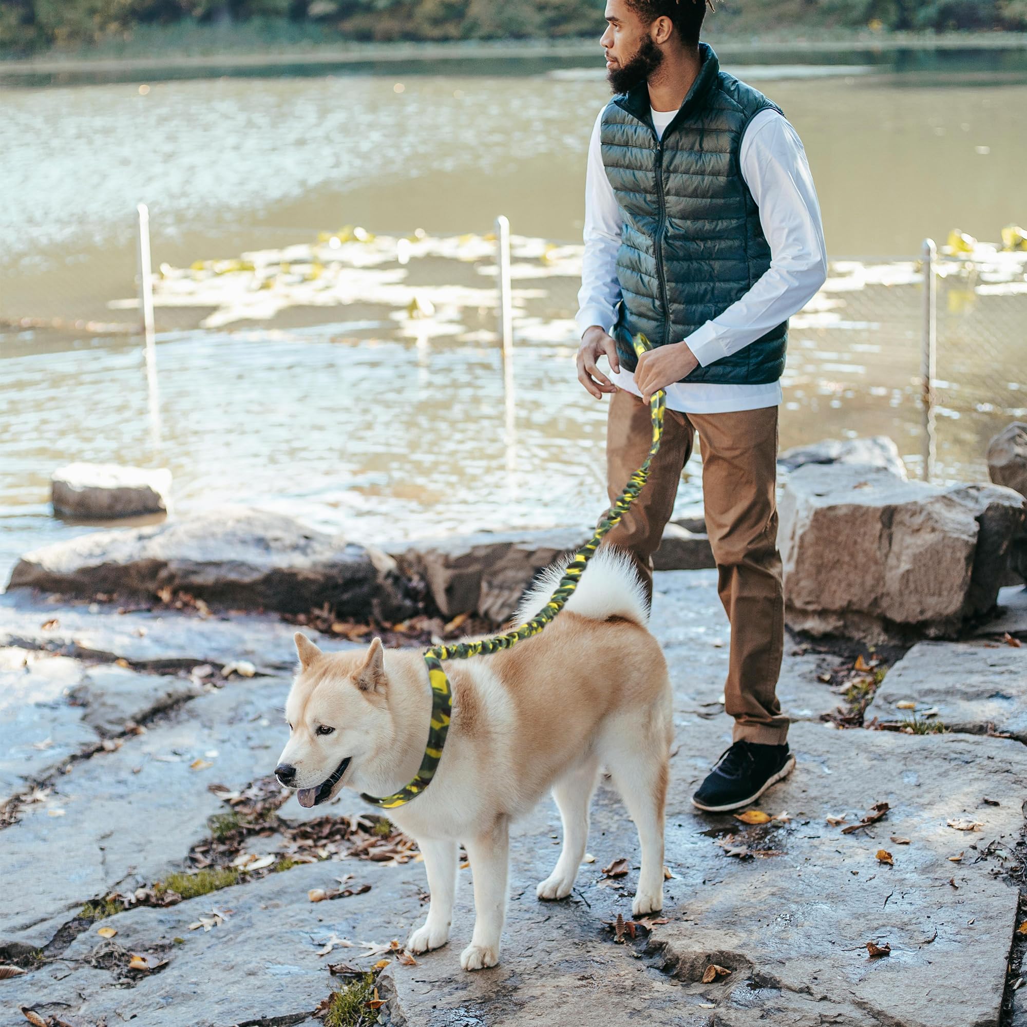 CAPASTEC Guinzaglio a Doppia Maniglia per Cani, Corda Elastico Nylon, Camouflage Giallo Verde, Lunghezza 110-160cm