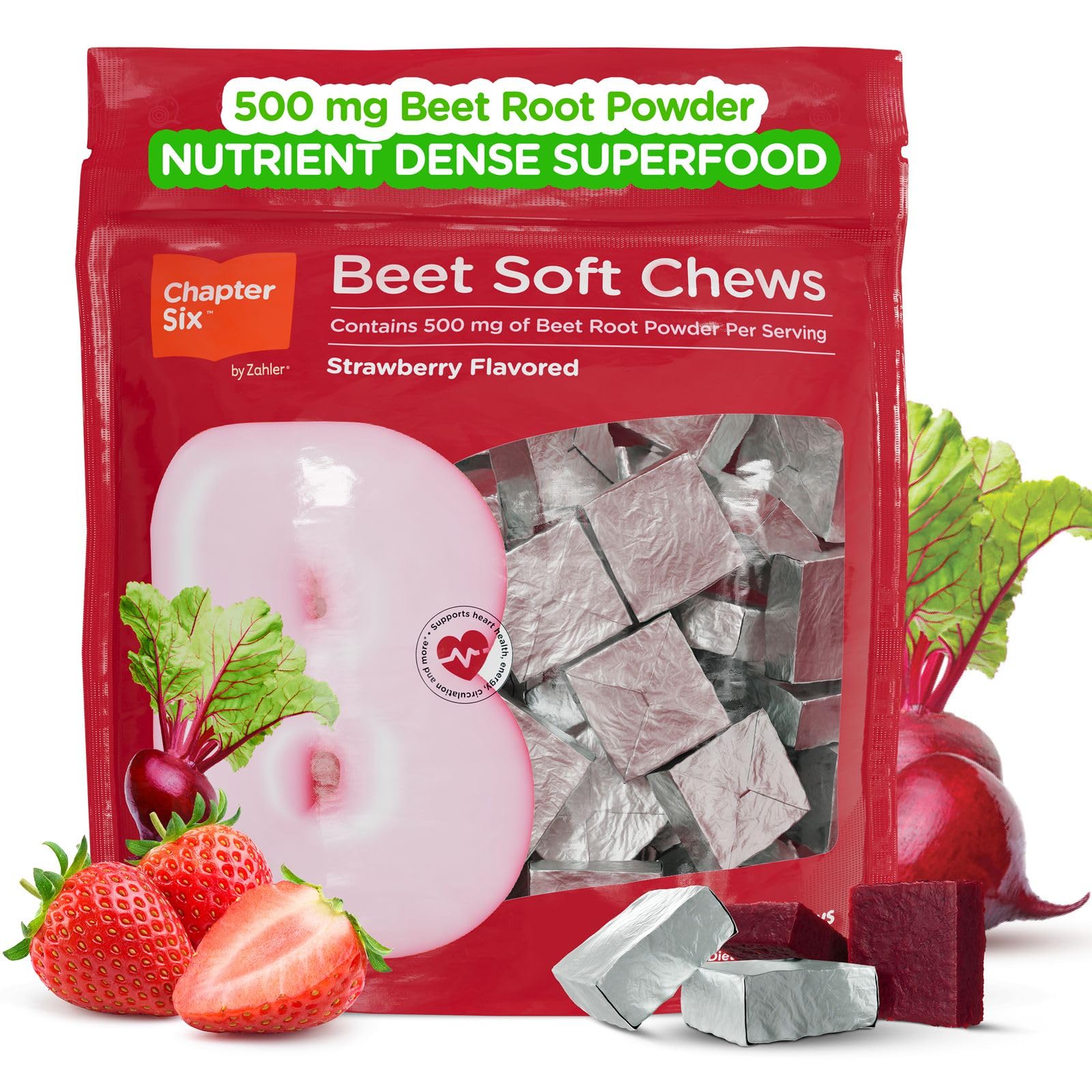 Zahler Beet Soft Chews – Beet Root Chews with 500 mg Beetroot Per Serving – Strawberry Flavored Chewable Supplement for Blood Circulation, Energy & Nitric Oxide