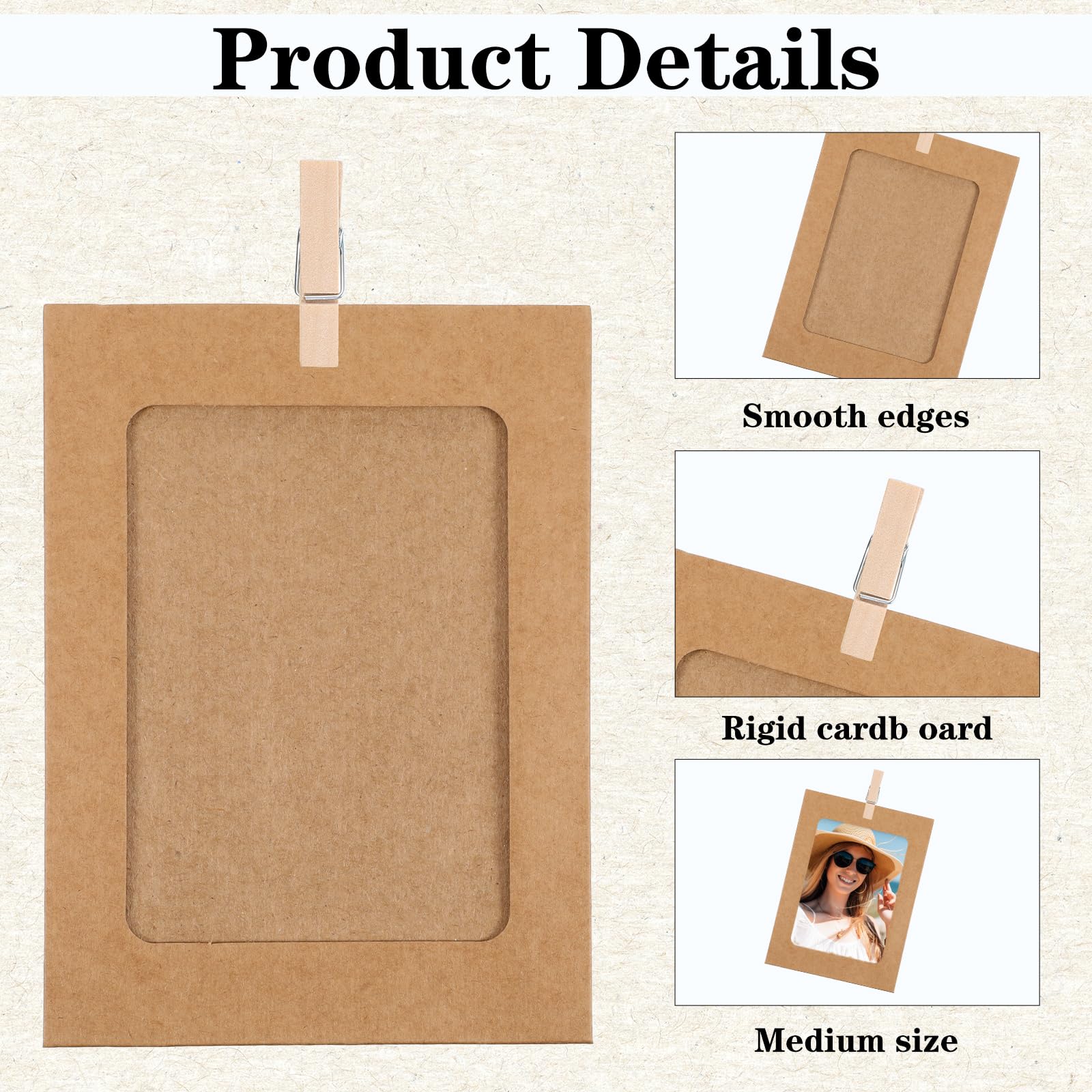 30 stuks papieren fotolijsten met 30 stuks houten klemmen en 3 stuks henneptouwset, 15 x 10 cm doe-het-zelf kraftpapier fotolijsten, hangende albumlijst voor thuis, school, kantoor, wanddecoratie (3