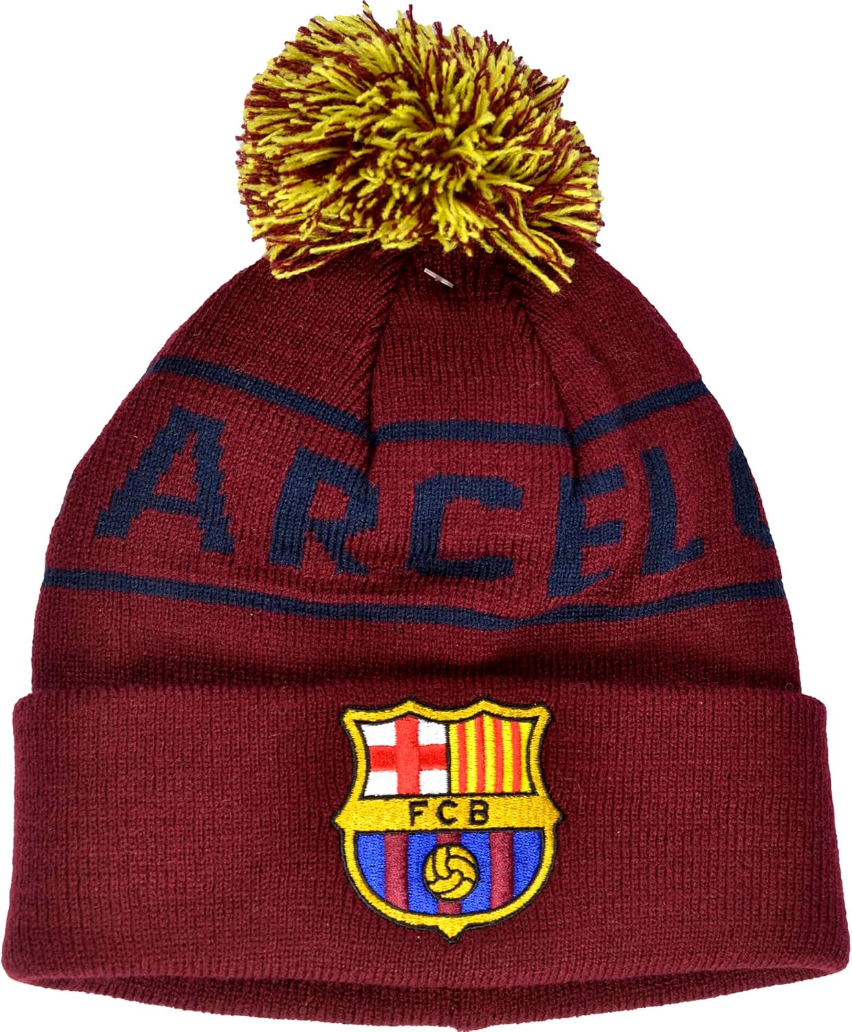 Hypro FC Barcelona Official Soccer Beanie Hat, Burgundy with Navy Text, Knitted Winter Pom Pom Cap with Team Logo