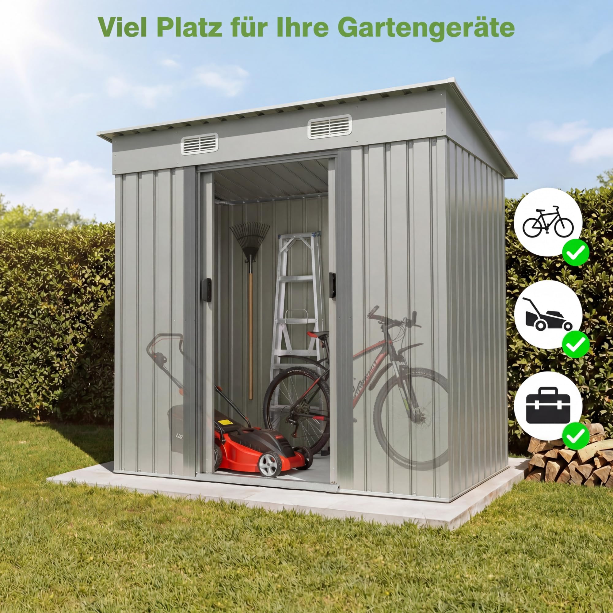 JUMMICO Metall Gerätehaus 3.63m³ Geräteschuppen 183x109x182cm, Gartenschuppen mit Fundament und Schiebetüre, Gartenhaus für Gartengeräte und Mülltonnen, Silber