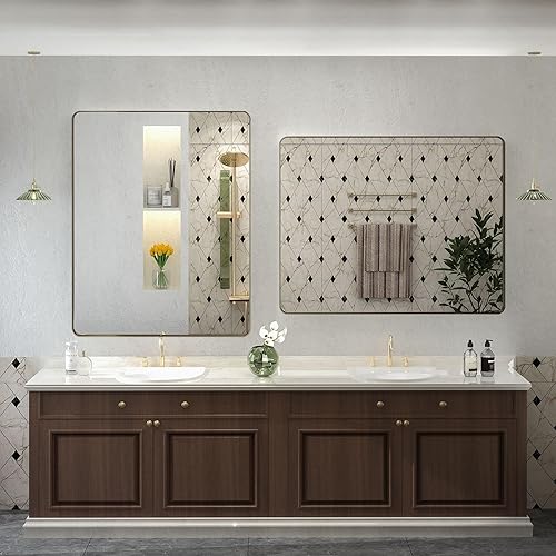 Miniatura 5 de CHARMOR - Espejo rectangular para pared de baño de 40x30 pulgadas con marco de metal cepillado color bronce, espejo moderno de tocador con esquinas