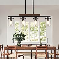 Vista 2 de 29.3'' Kitchen Island Light Fixtures, 4-Light Dining Room Light Fixture Chandelier Over Table, Black Modern Rustic Wood Ceiling Pendant Light
