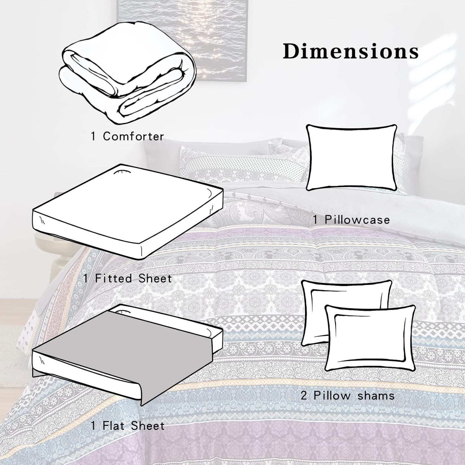 Flysheep Bohemian Bed in a Bag 6 Pieces Twin Size, Colorful Boho Purple Orange Gray Stripes Reversible Bed Comforter Set (1 Comforter, 1 Flat Sheet, 1 Fitted Sheet, 2 Pillow Shams, 1 Pillowcase) - Image 5