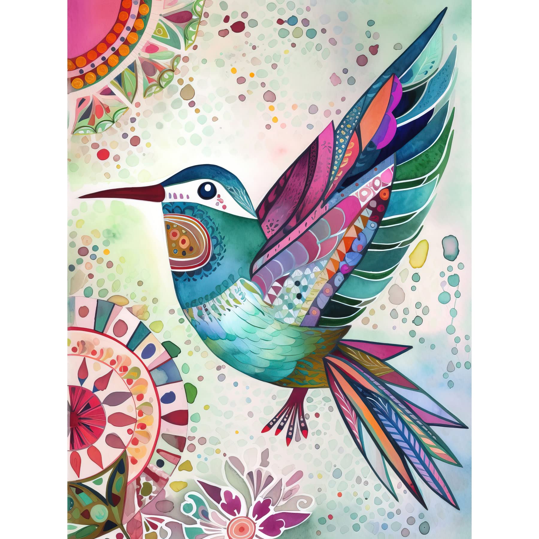 Artery8 Hummingbird With Multicolour Mandala Patterns Folk Art Watercolour Painting Extra Large XL Wall Art Poster Print