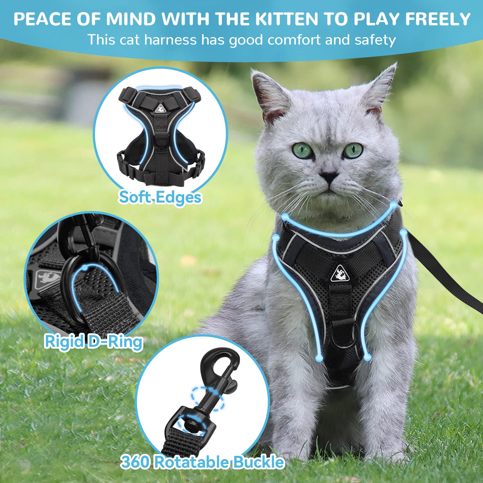 Cat Harness and Lead Set, Adjustable Kitten Harness and Lead Set including Reflective Strips Escape-Proof - Image 3
