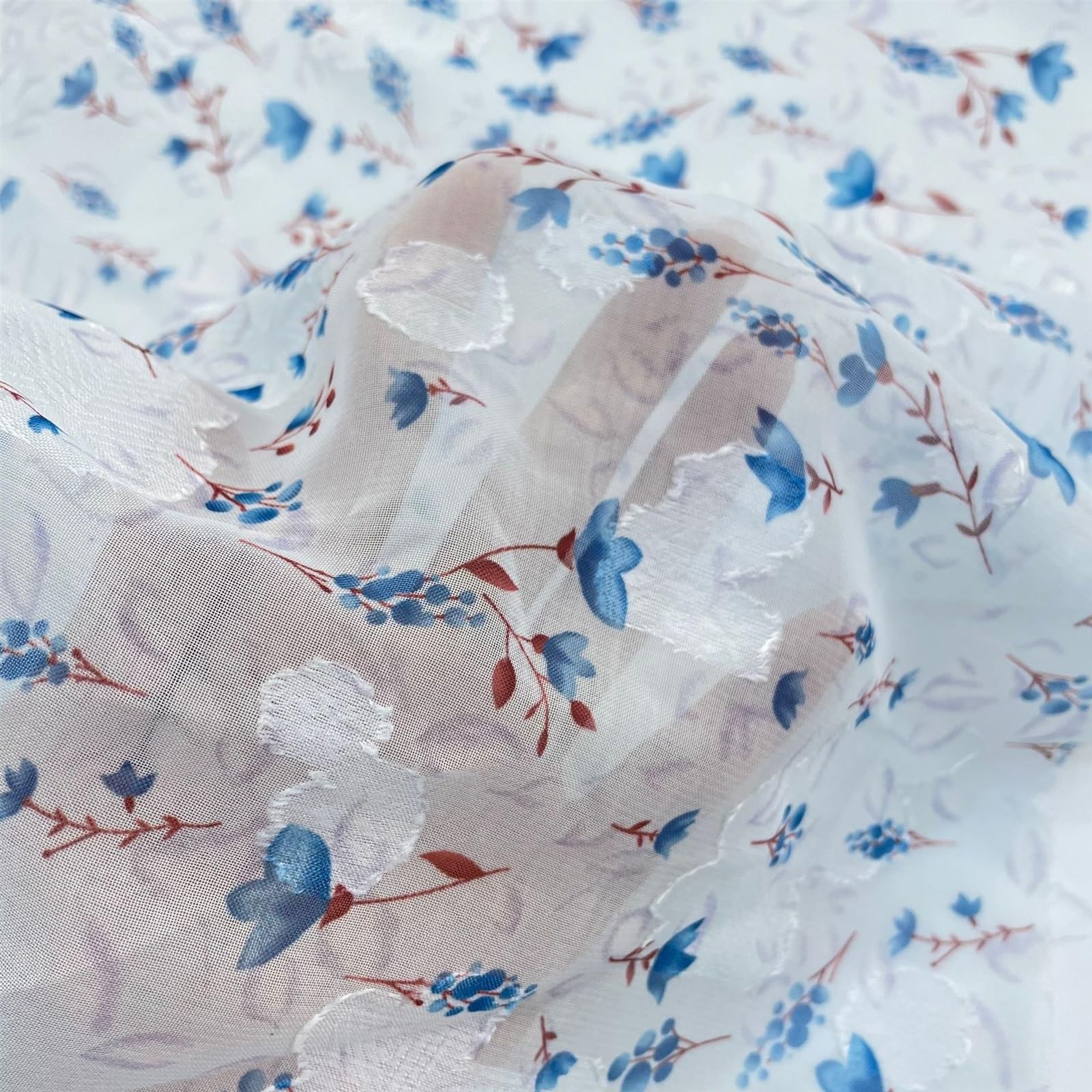 10 Yard Light Blue Flower Fabric, Floral Chiffon Fabric for Sewing Wedding Bridal Cloth DIY Crafts Supplies