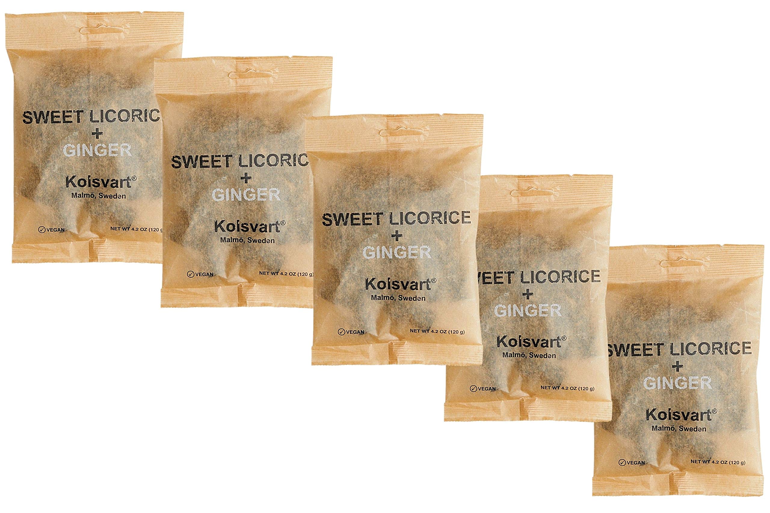 Kolsvart Sweet Licorice & Ginger Swedish Fish Candy 4.2 ounce (Pack of 5)