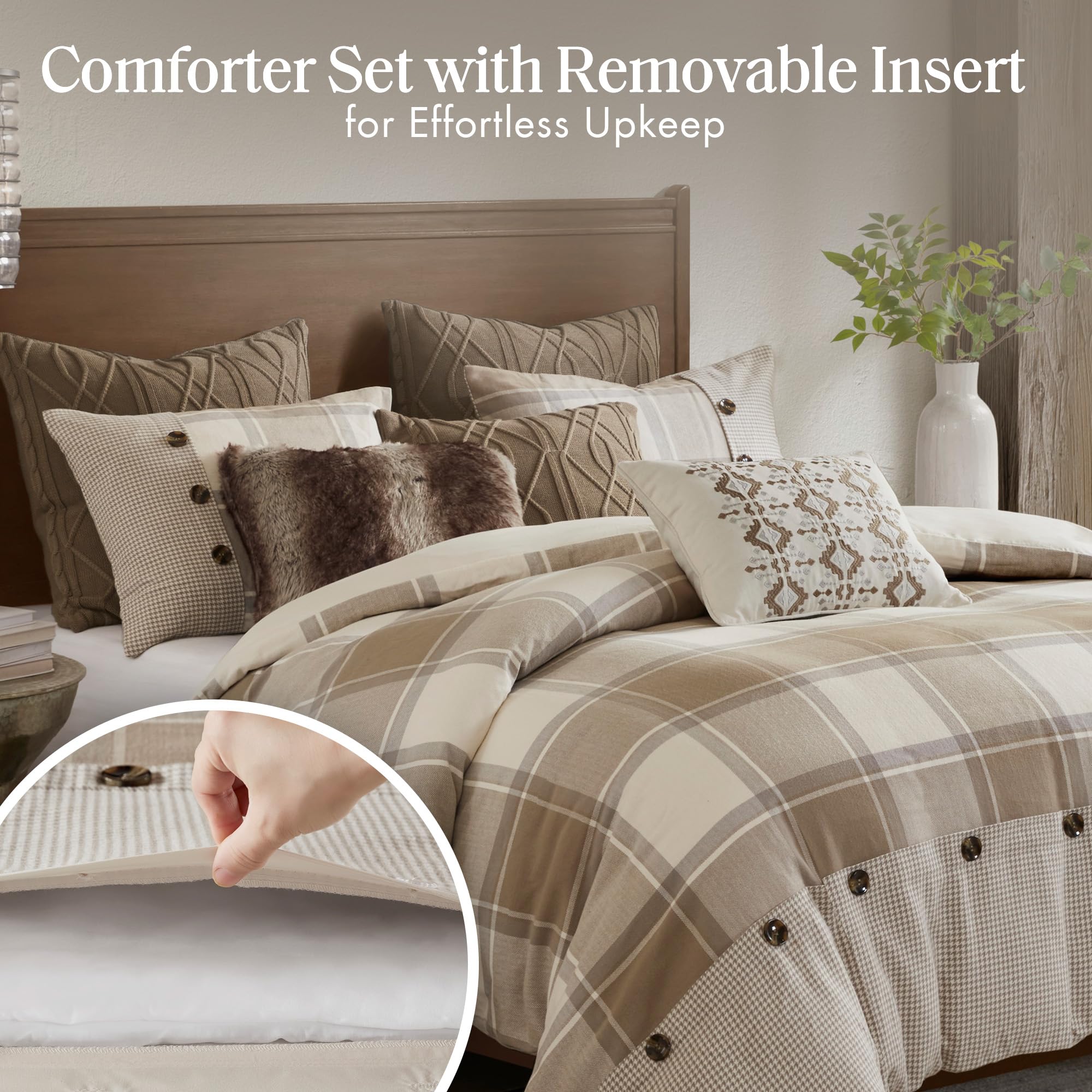 Madison Park Queen Comforter Cotton Jacquard Plaid Cabin Oversized Comforters Queen Bed, Removable Cover, All Season Queen Size Comforter, Décor Pillows, Full/Queen Neutral 8 Piece