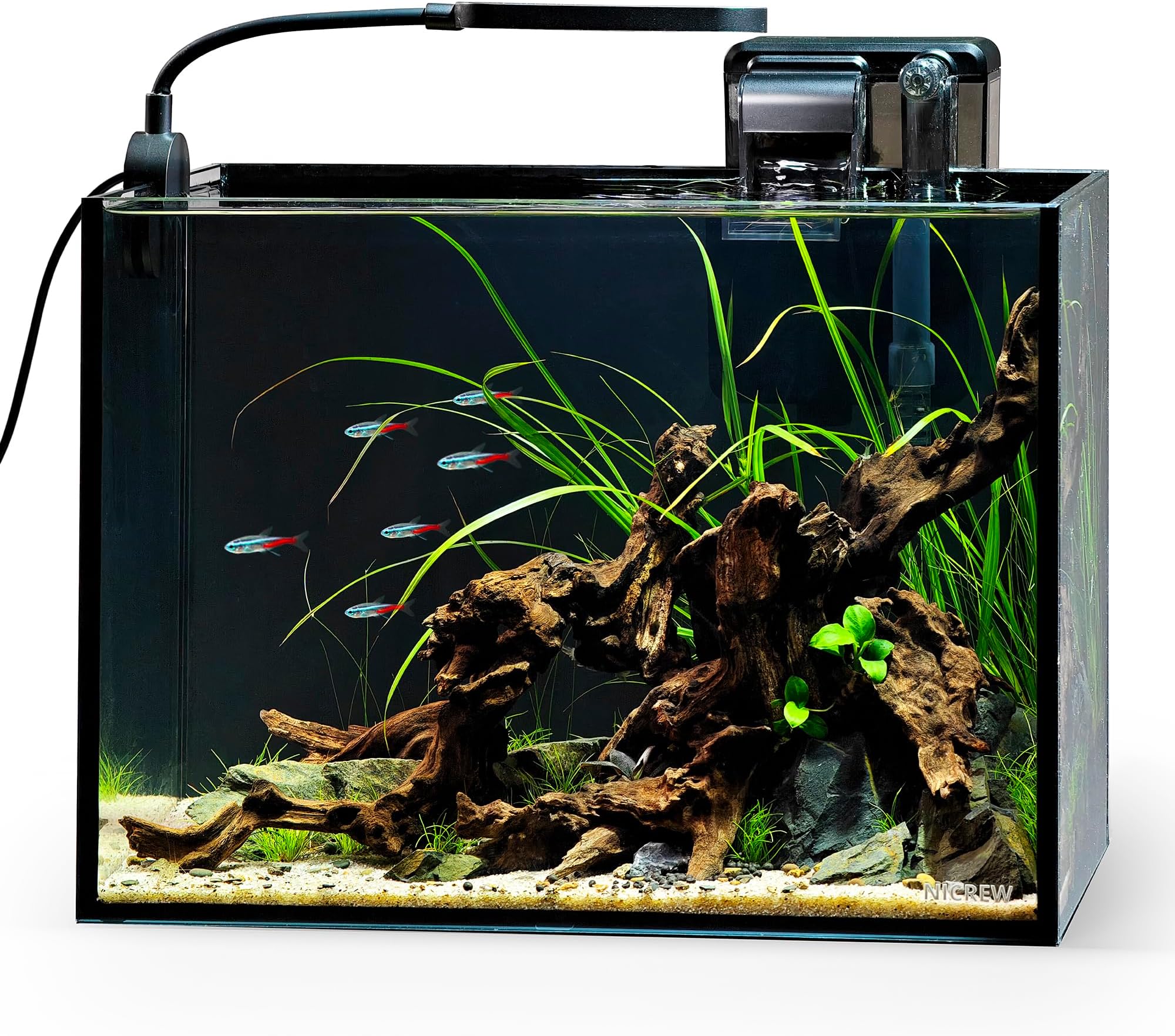 NICREW 2.5 Gallon Nano Nature Aquarium Kit, Ultra-Clear Rimless Desktop Fish Tank with Light and Filter, Perfect for Small Fish, Shrimp, or Betta, Basic Version, Black