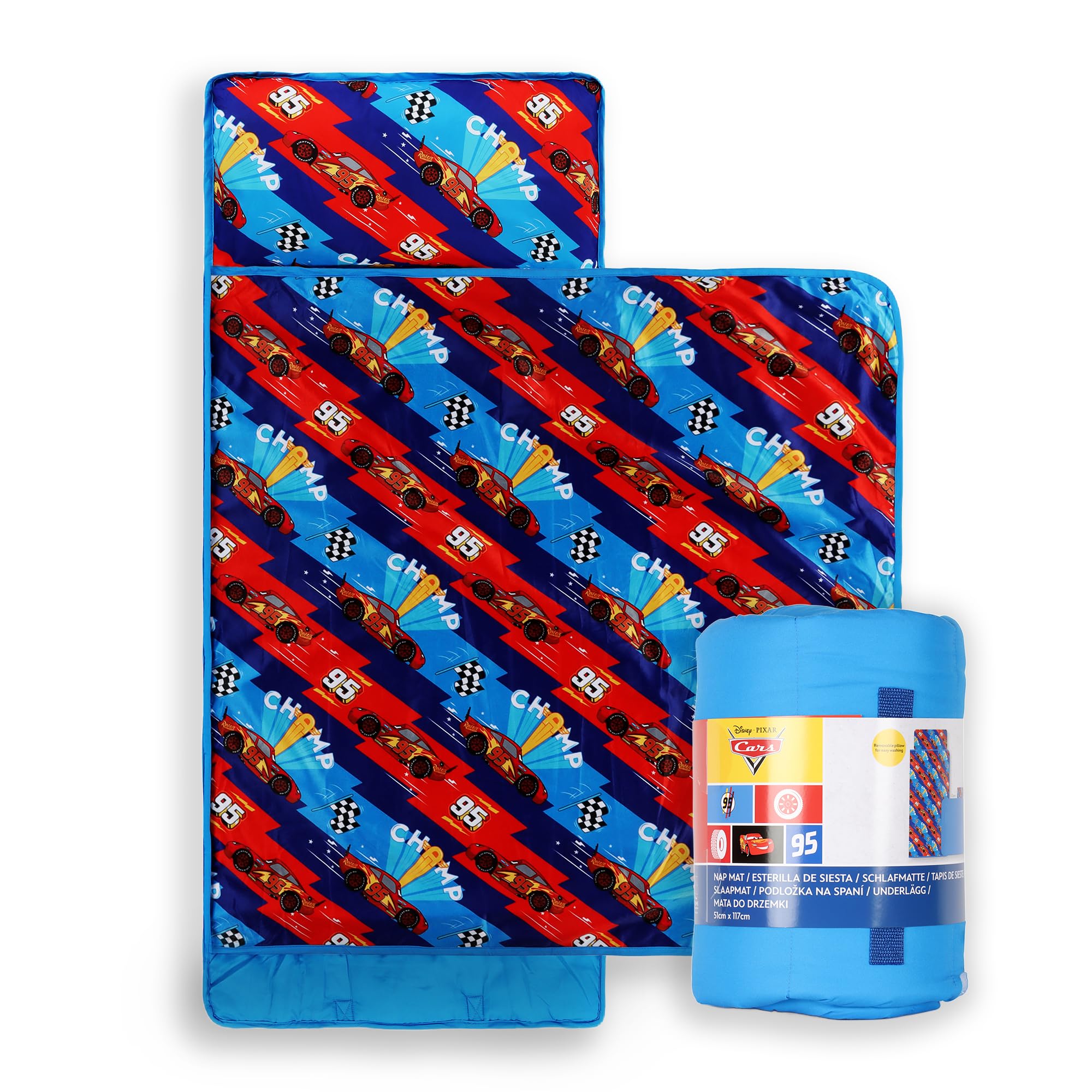 Jay Franco Kids Nap Mat with Embedded Pillow & Blanket – Soft 46"x20" Microfiber Sleeping Bag with Name Tag & Handle for School, Travel, Sleepover, Multi - Cars