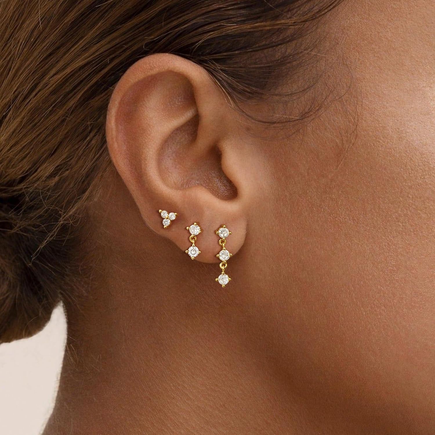 Risamil 14K Gold Plated 3 Pairs Earrings for Women - Dainty Huggies Hoops Set Trendy Cubic Zirconia Stud Jewelry - Image 6