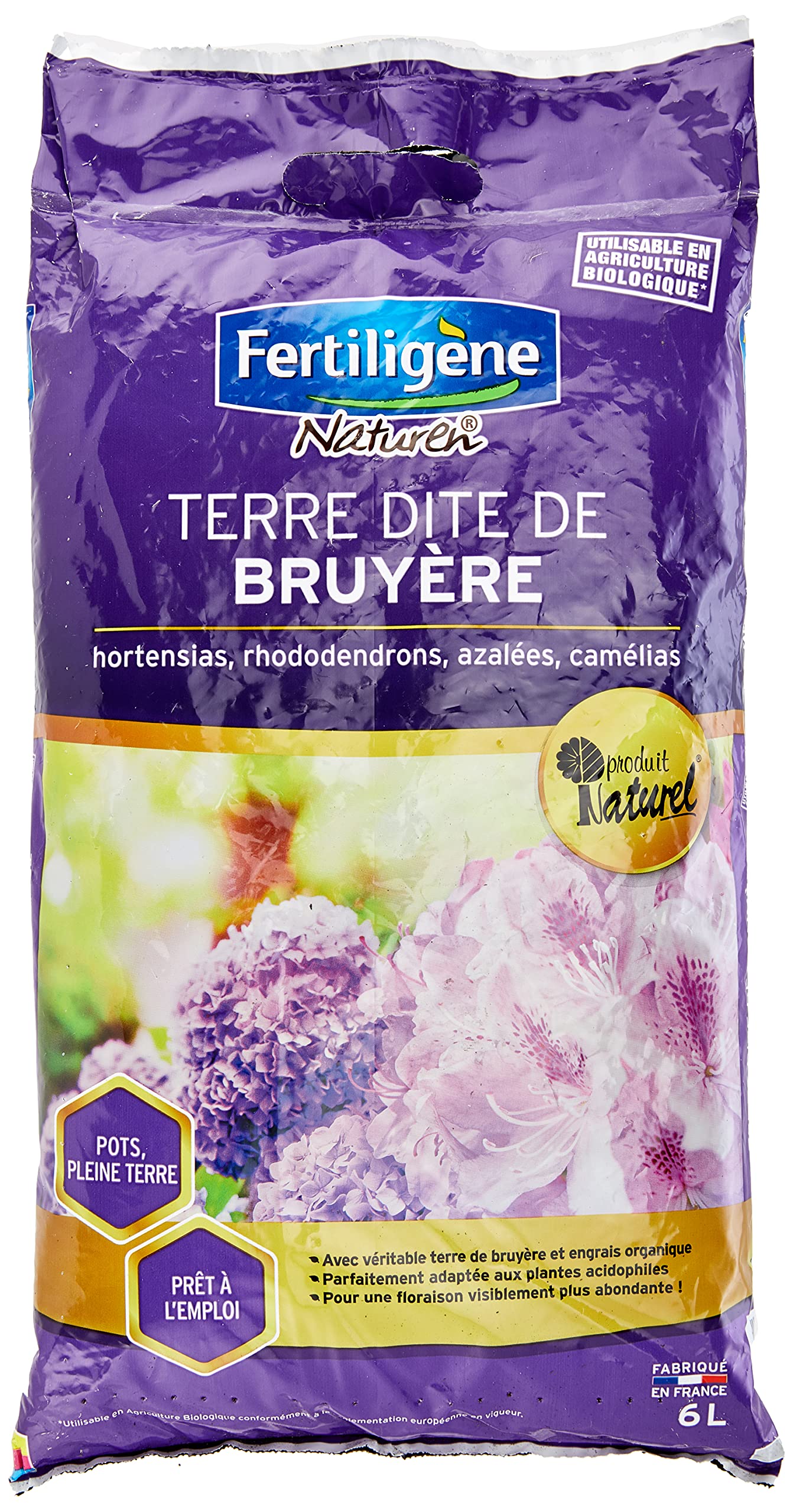 FERTILIGENE NATUREN FBRU6P - Terre Dite de Erière, Ortensie, Azalee UAB 6 L - Adatto alle Piante acidofili - Terra di Erica con Fertilizzante Organico - Fioritura più Abbondante - Made in France